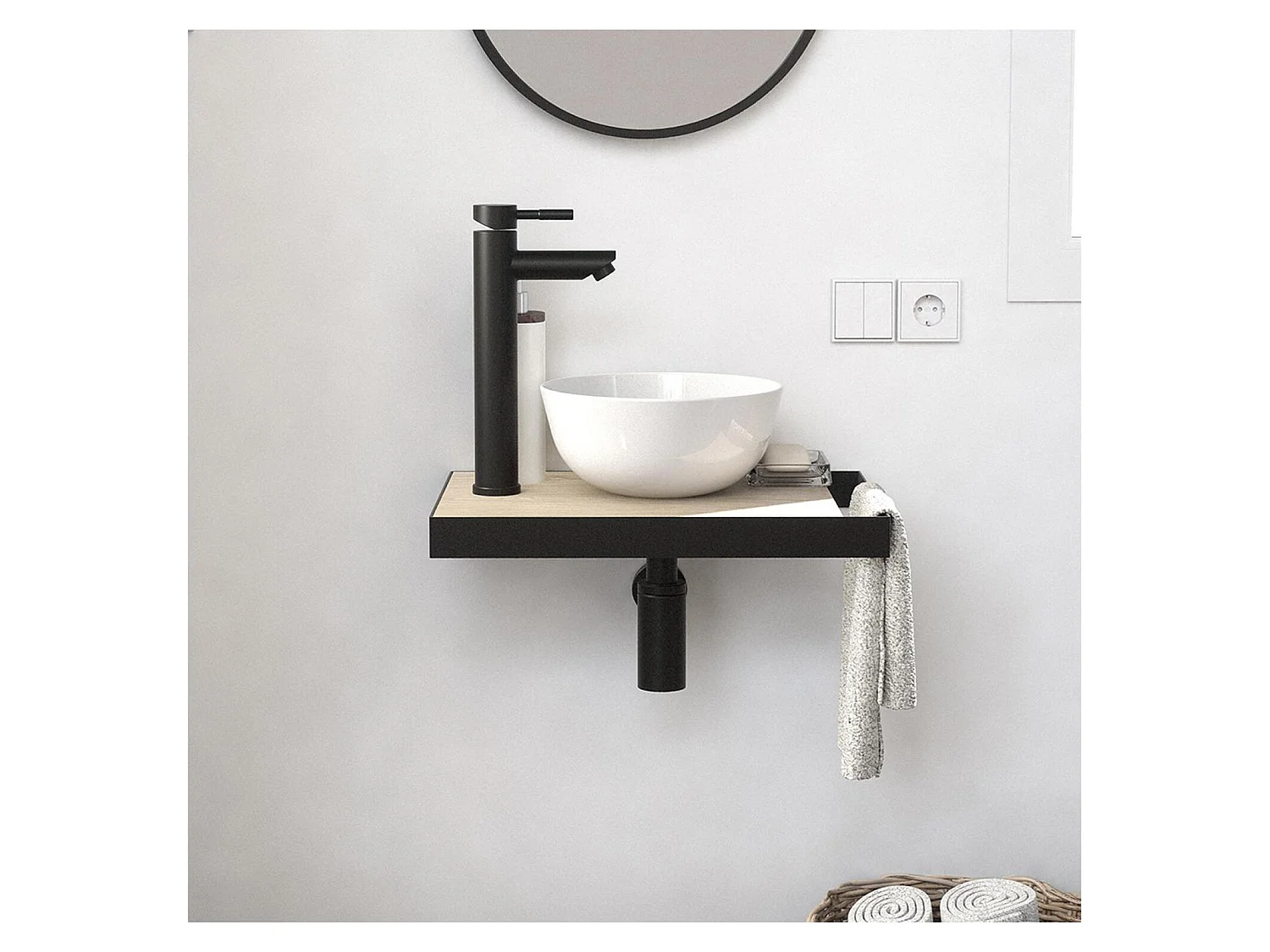 Meuble lave-mains SOHO plan fin et porte serviette côté vasque blanche