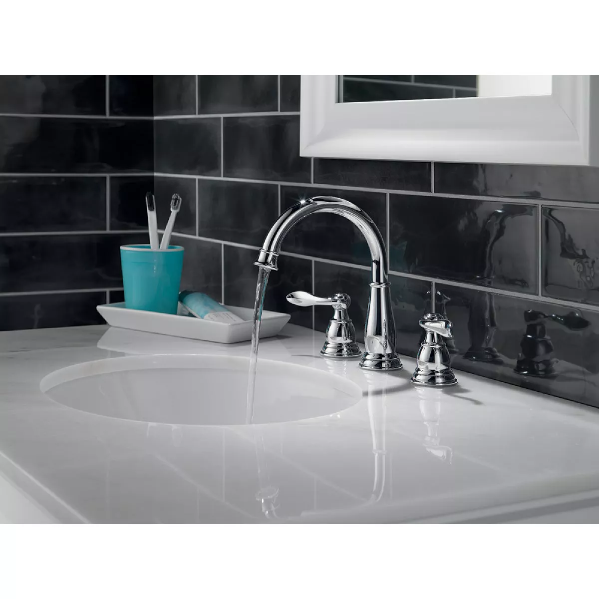 Delta Windmere Chrome 2-Handle Lever 6 In. to 16 In. Widespread Bathroom Faucet and Push Pop-Up with Overflow
