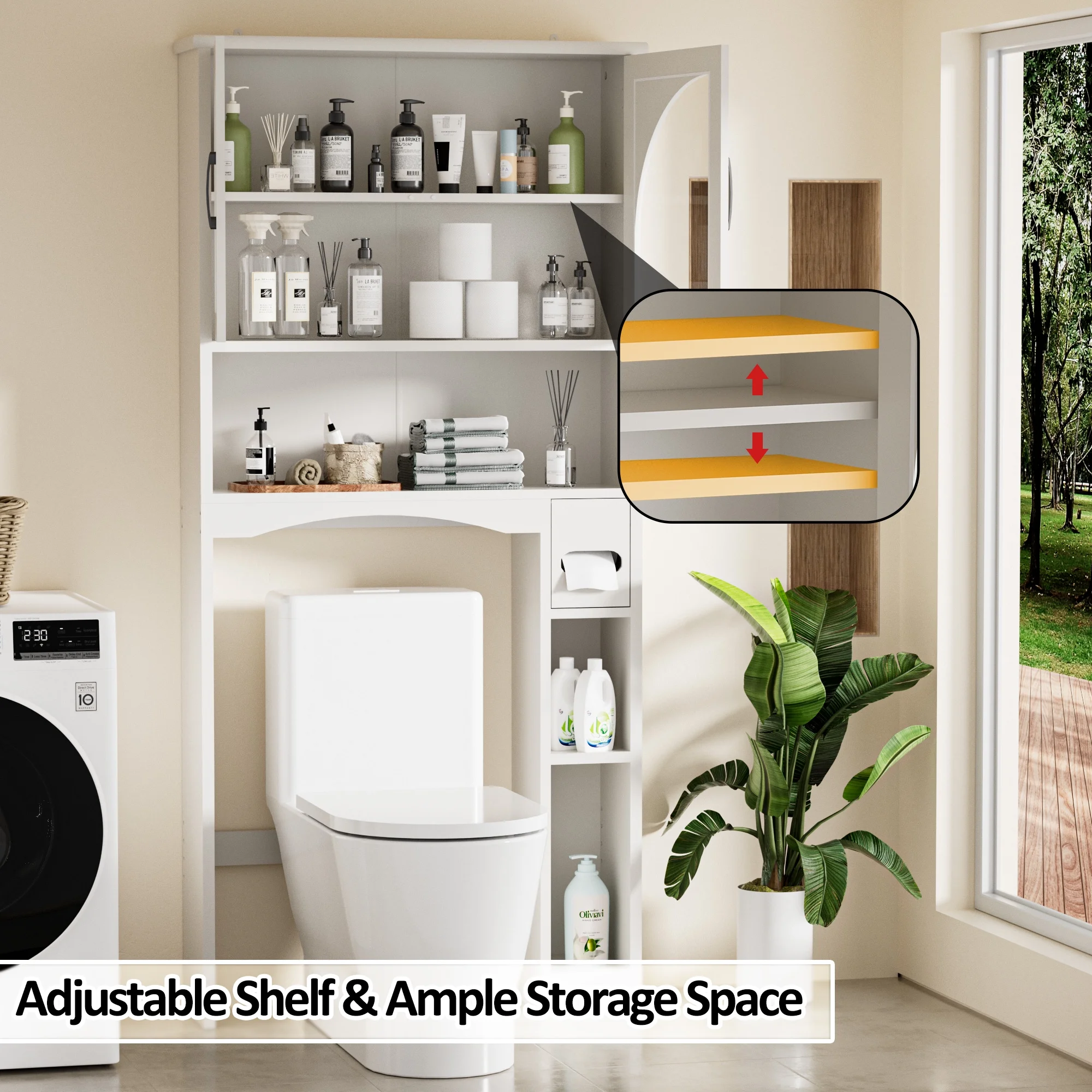 HARIPUL Over The Toilet Storage Cabinet w/ Unique Wood Grain & Arc Design, Freestanding Bathroom Shelf Organizer Space Saver w/ Doors & Anti-Tip Device, Wood Color - Image 26