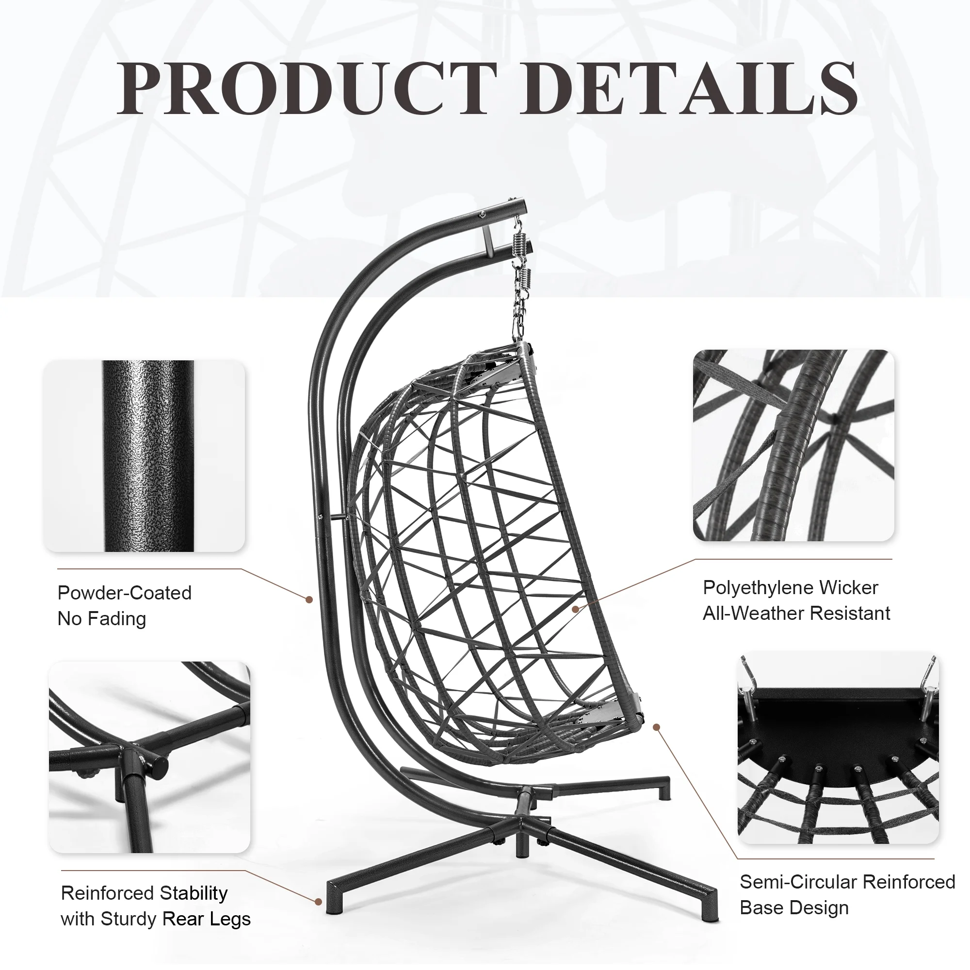 RADIATA Double Wicker Egg Swing Chair with Stand, 2-Person Hanging Egg Chair for Indoor/Outdoor, 700lbs Capacity, Thick Cushions & Headrest,Sturdy Metal Frame��Dark Gray - Image 9