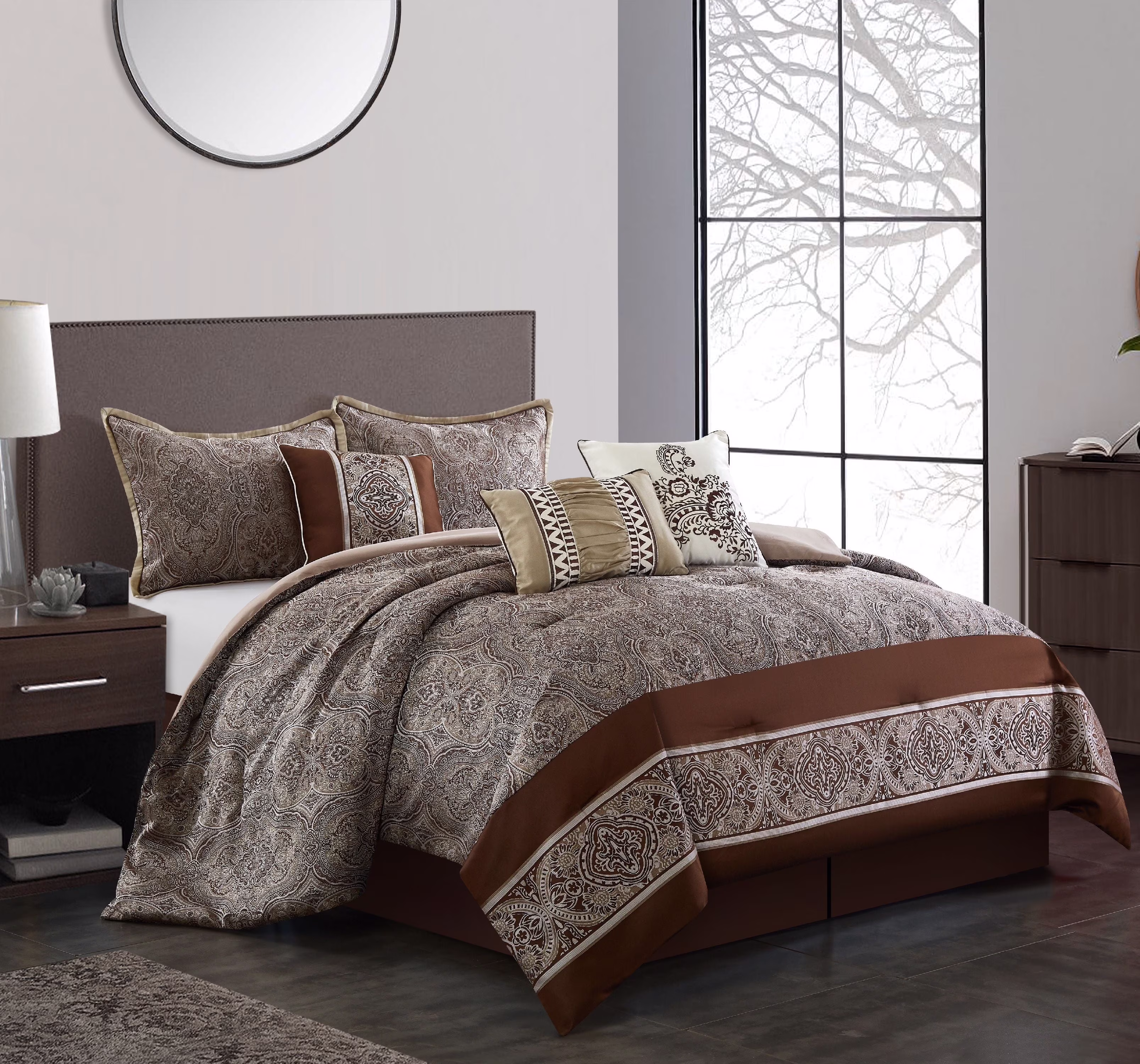 Lanco Smoke Grey Comforter Set California King Size, 9 Piece Jacquard Floral Bedding Set, All Season, Ultra-Soft, Matching Pillows & Shams, Bed Skirt - Image 3