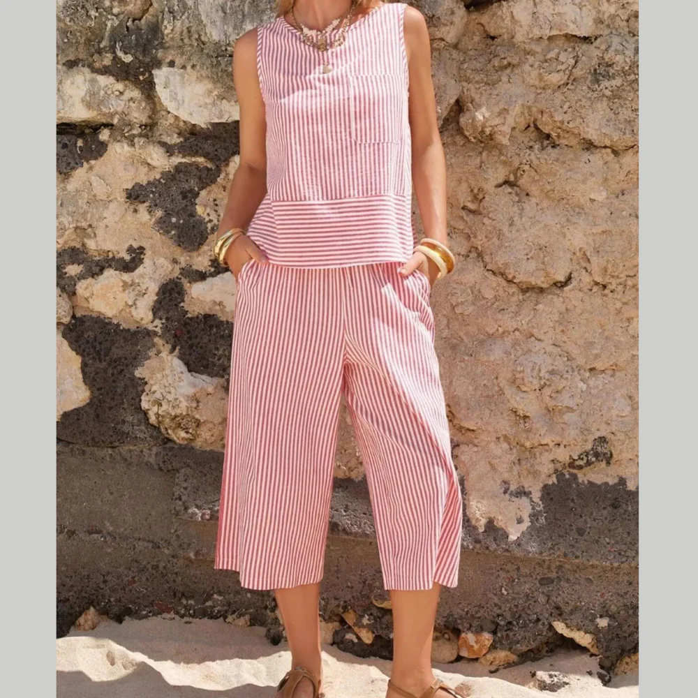 Striped Sleeveless Top and Cropped Pants Set - ZKZOOK