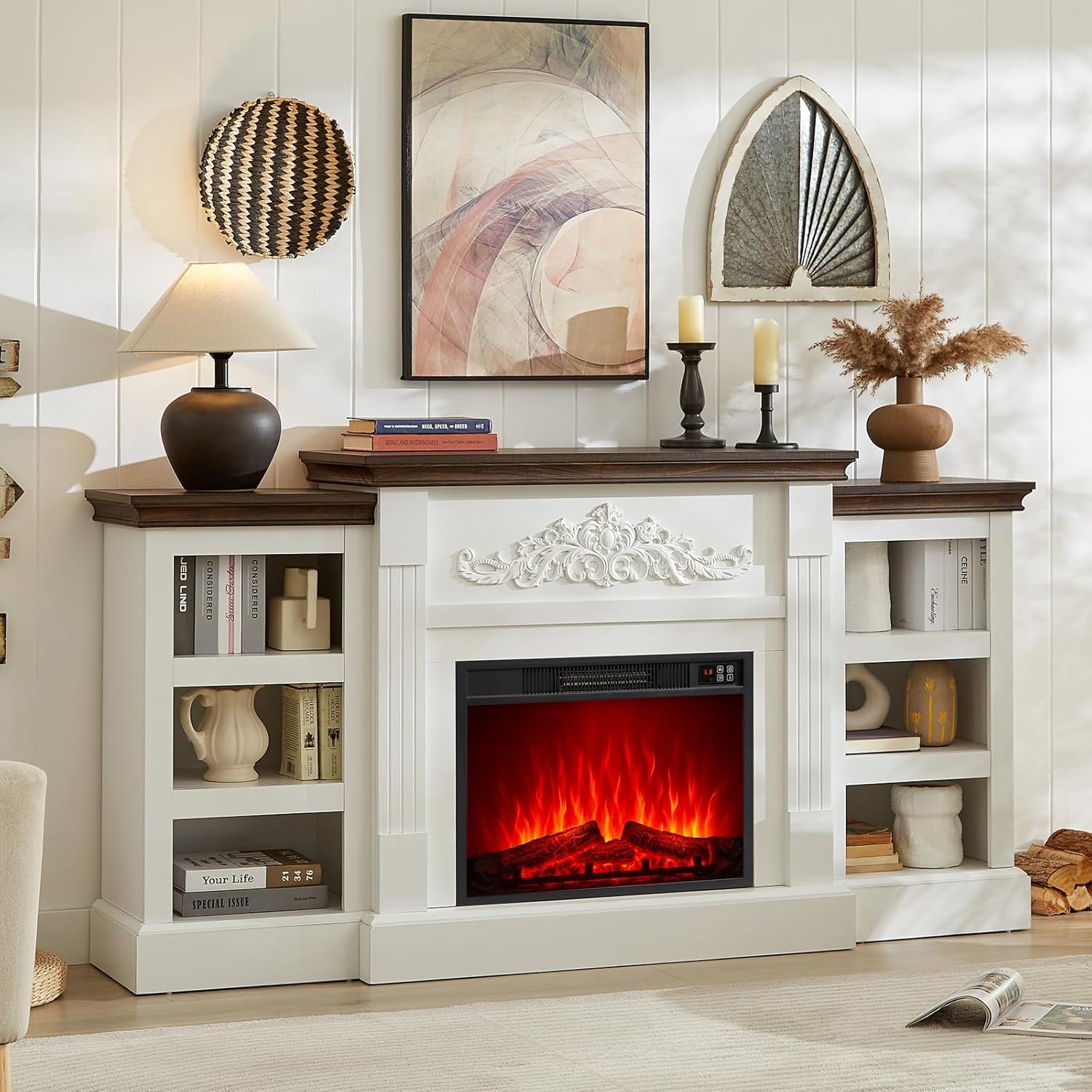 SOOWERY Electric Fireplace with Mantel, Fireplace TV Stand with Replaceable Fireplace Insert and Storage, Farmhouse Entertainment Center with Fireplace Heater for TVs Up to 80