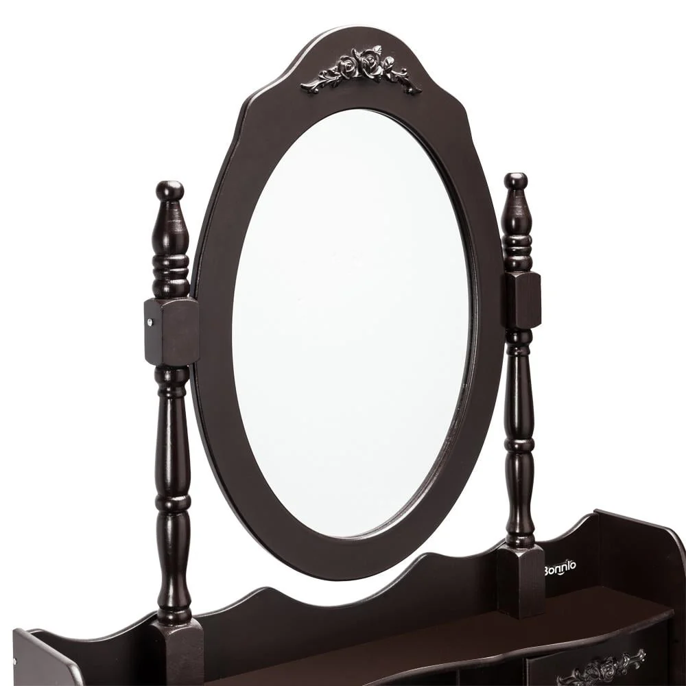 UBesGoo 4 Drawer Vanity Makeup Dressing Table Set w/Stool&Mirror Jewelry Wood Brown - Image 8