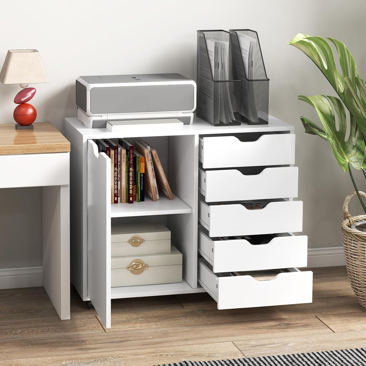 5-Drawer Wood Drawer Cabinet, Office Storage Cabinet with Adjustable Shelf & Wheels, Printer Stand for Home Office, White, 15.7