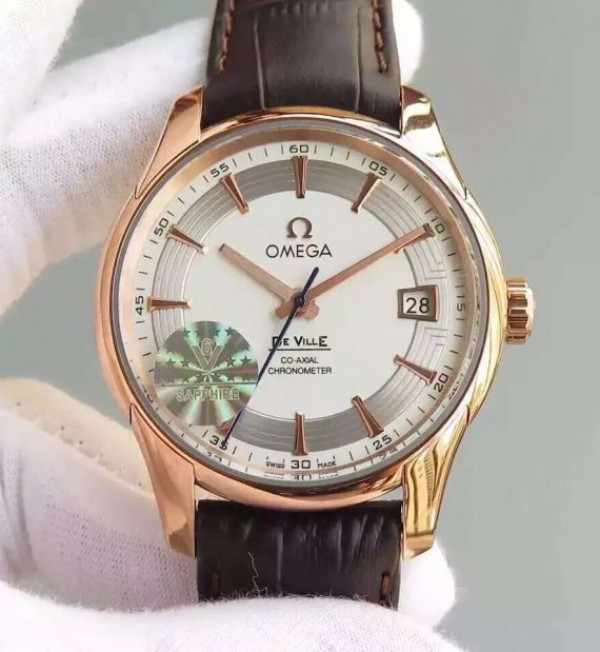 Replica Omega V6F De Ville Hour Vision Co-Axial 41mm RG White Dial Brown Leather Strap A8500 - Elite Watch Atelier