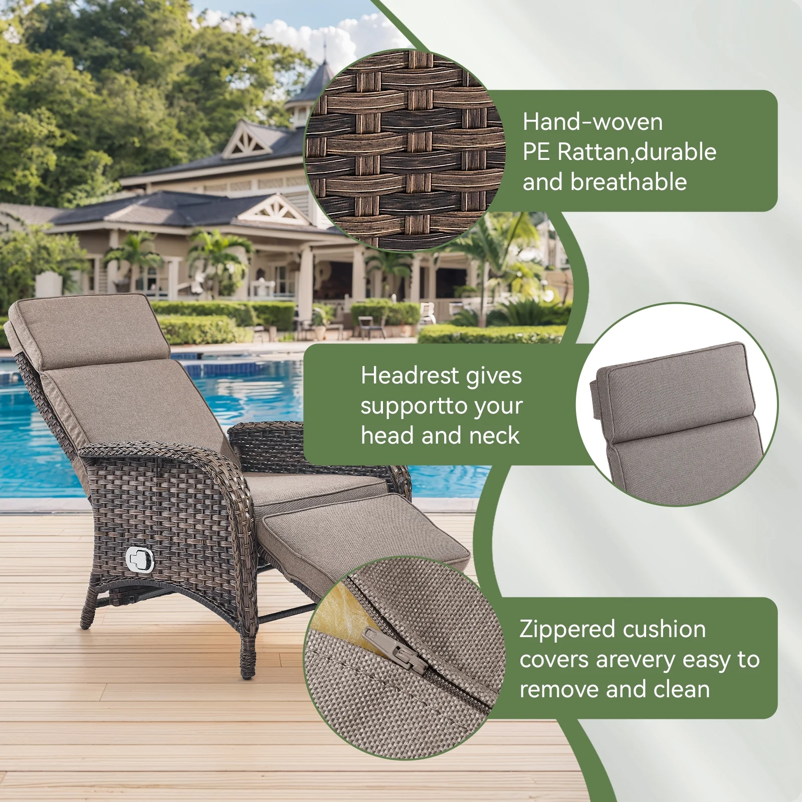 OPOHORO Outdoor Recliner Chair, Adjustable Reclining Patio Chair with Cushion, Wicker Outdoor Chaise Lounge with Adjustable Backrest and Footrest, Ideal for Pool Deck, Beige - Image 25