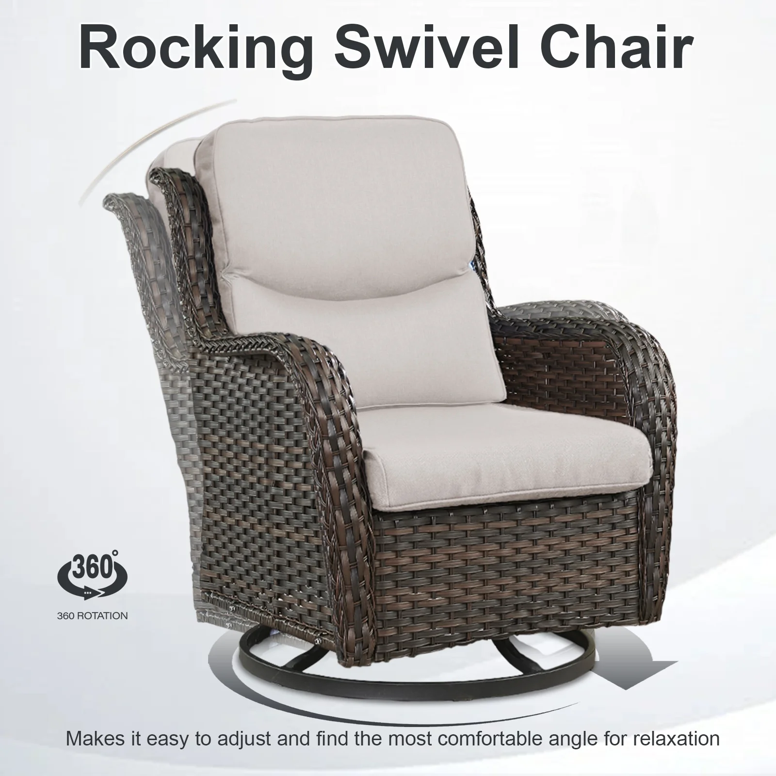 POCASSY Patio Swivel Chairs, Outdoor Wicker Swivel Glider Rocking Chairs with High Back and Thick Cushions for Porch Deck - Set of 2, Beige - Image 8