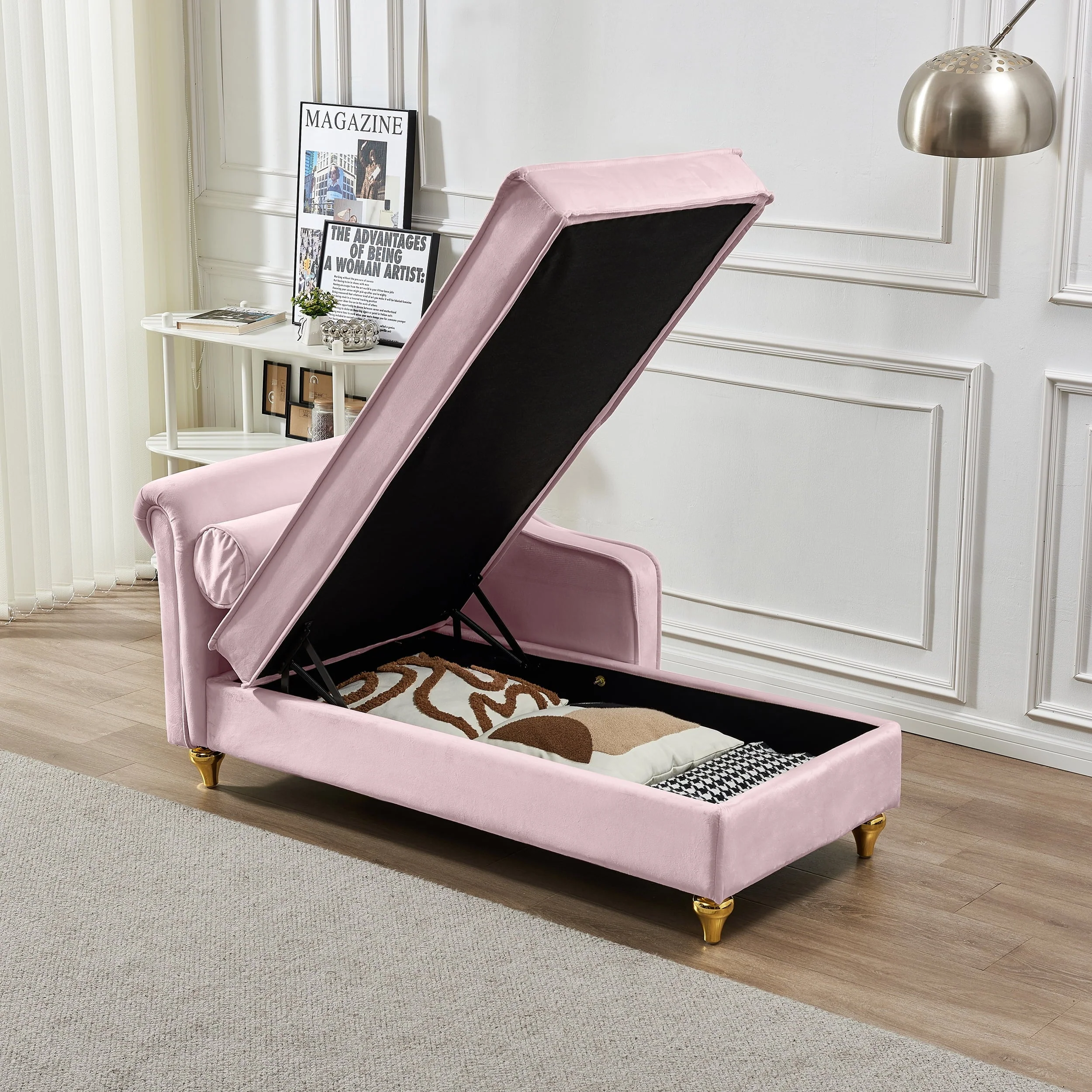 60.6" Velvet Chaise Lounge with Storage, Small Sofa Trimmed with Solid Metal Legs with 1 Pillow, Pink - Image 7