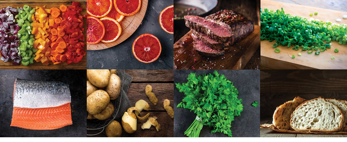 légumes hachés, pamplemousse, steak, oignons verts, poisson, pommes de terre, garniture & pain