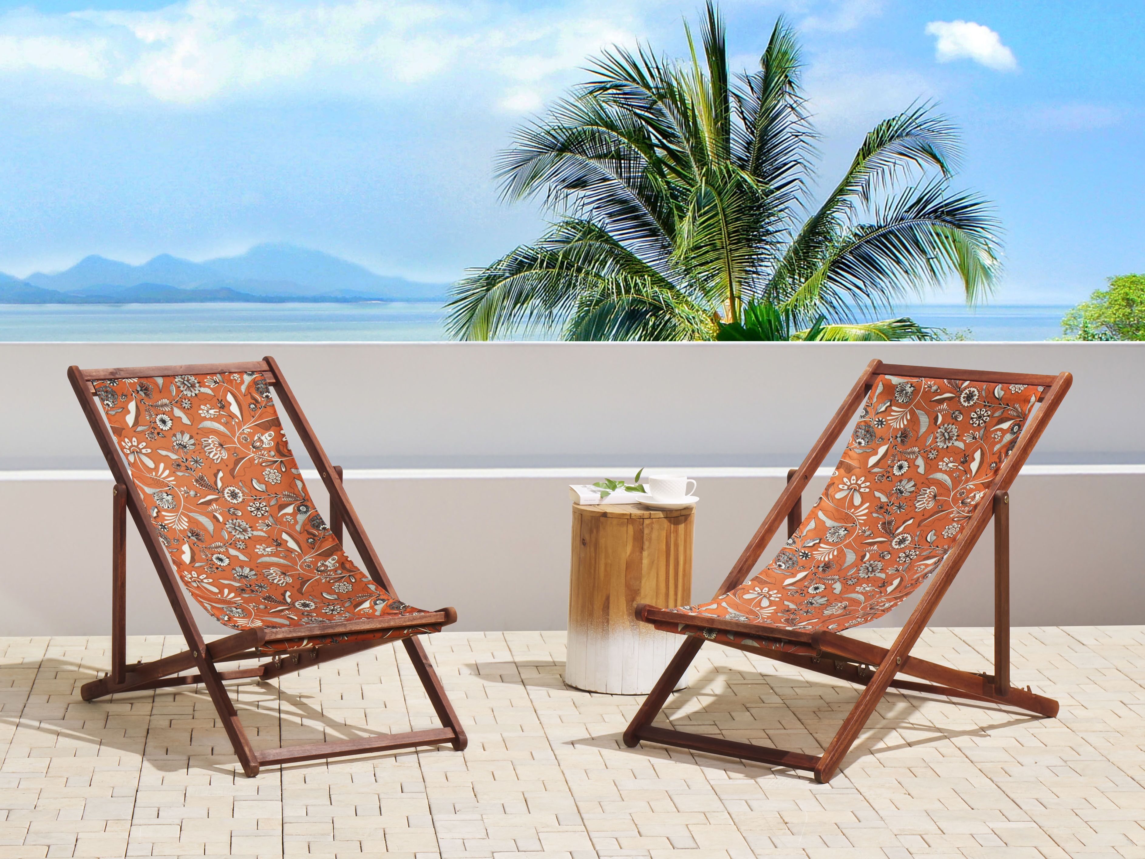 Set of 2 Folding Deck Chairs ANZIO with Replacement Fabrics Floral Motif Acacia Wood Dark Brown