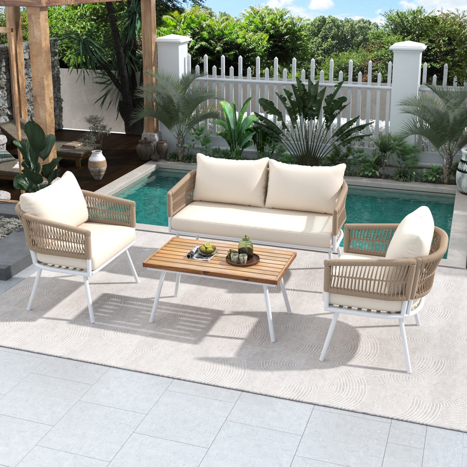 4-Piece Rope Patio Furniture Set with Ajustable Feet, Boho Rope Outdoor Conversation Set with Wood Table, Sofa Seating Set with Thick Cushion for Backyard Lawn Garden, Beige