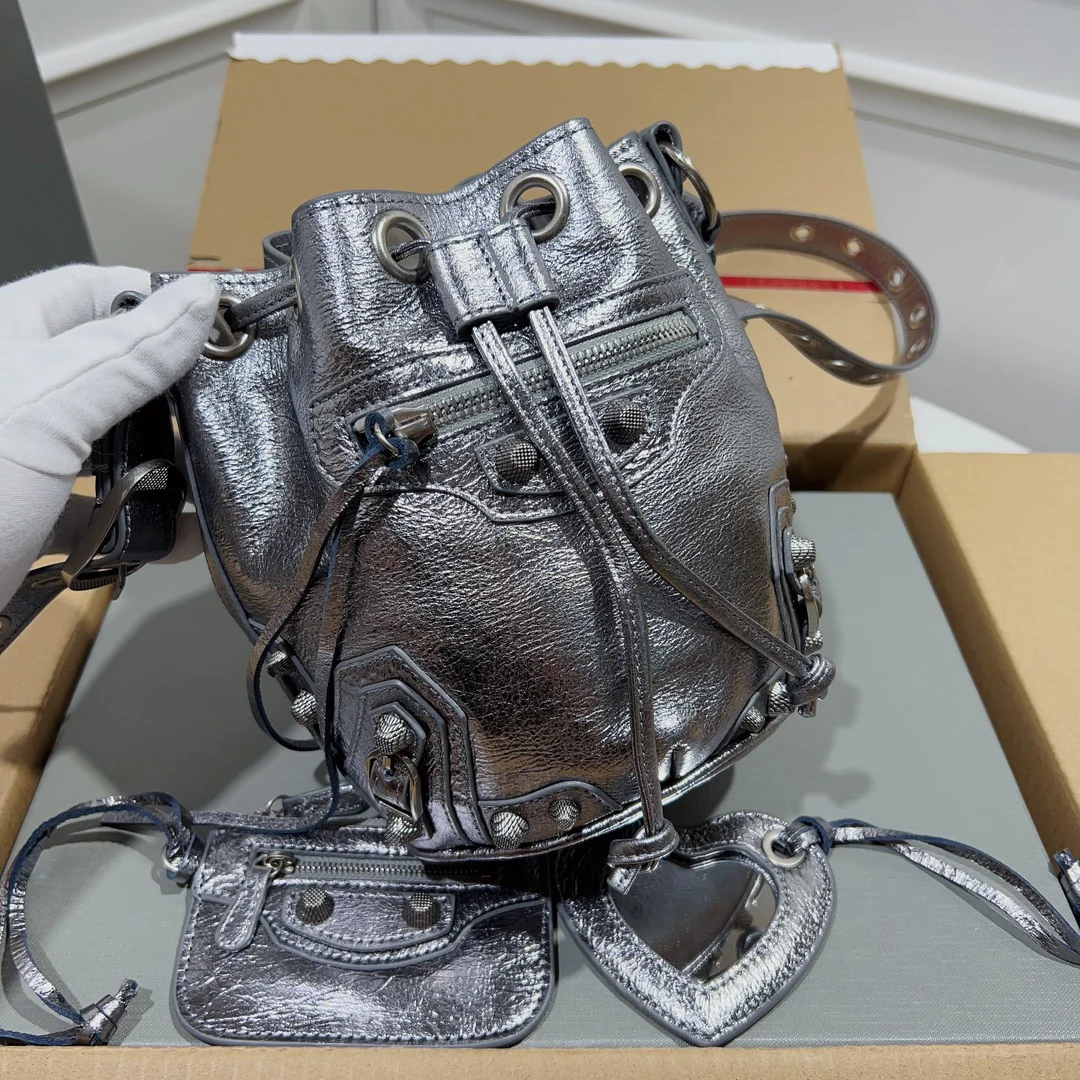 Metallic Black Balenciaga Bucket Bag with Adjustable Straps and Matching Pouch for Stylish Functionality Style No.3032 - Replicaclubs