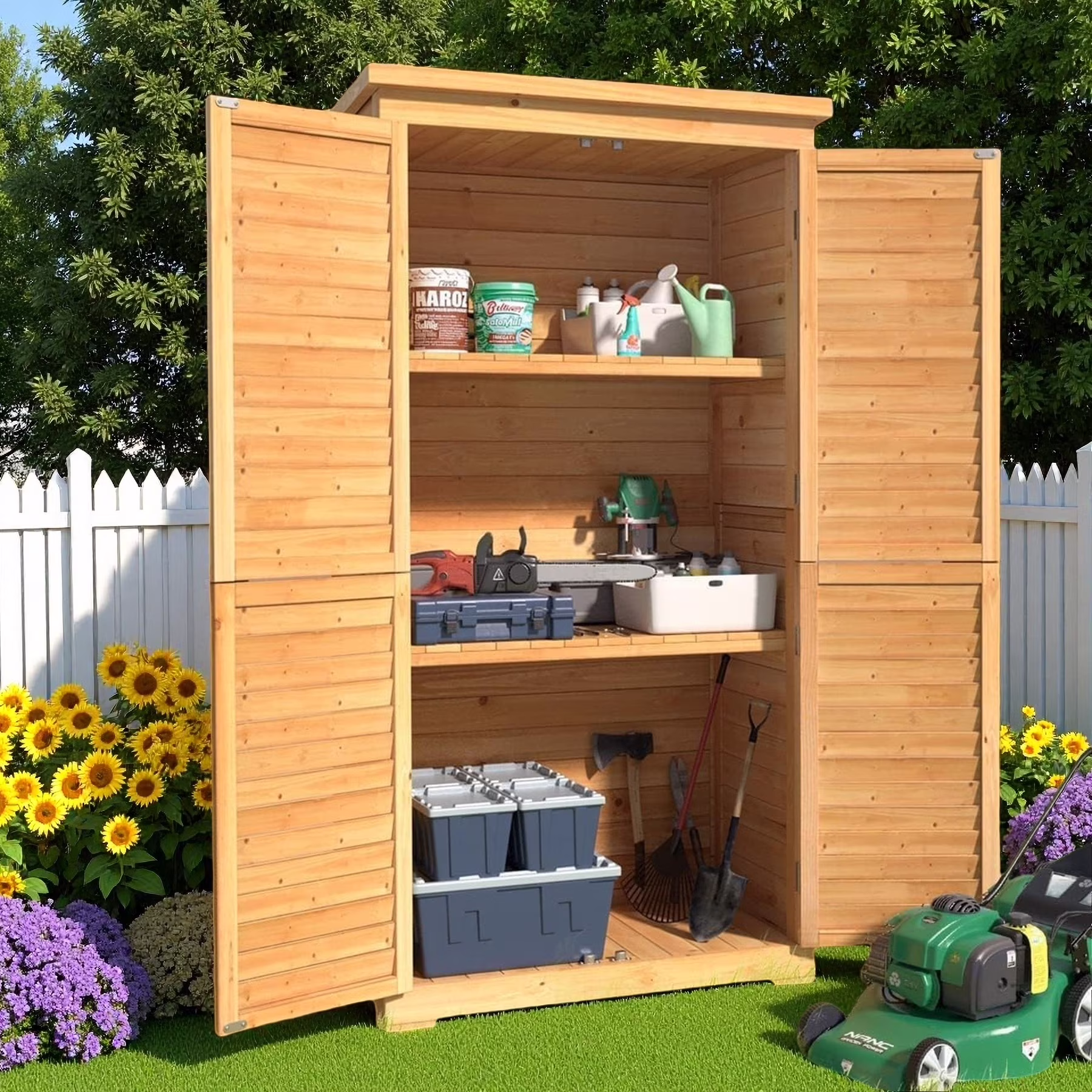 63.2" Outdoor Storage Cabinet, Lofka Lockable Doors Garden shed with Adjustable Shelves| Asphalt Roof| Ventilate Shutter, Wood Shed with Large Storage Space, Waterproof Roof for Garden, Natural