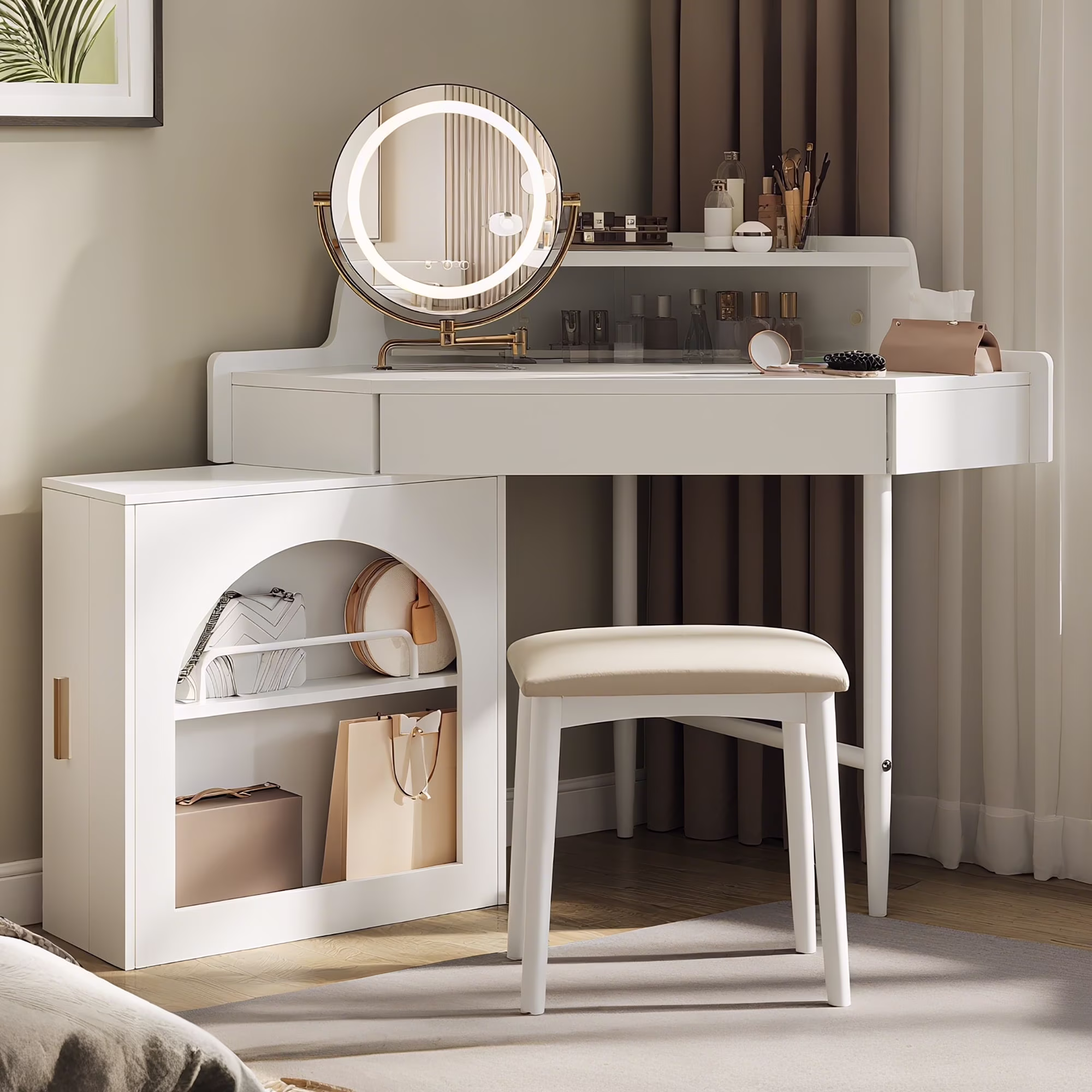 MODERNLUXE Corner Makeup Vanity Desk with Folding Mirror and Lights,Modern Vanity Set with 1 Stool,2 Drawers and 3 Shelves for Bedroom,Women, and Girls,Walnut - Image 3