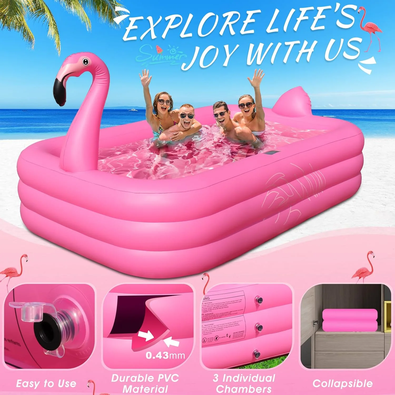 Inflatable Pool with Lights, Solar Flamingo Swimming Pool for Kids,Adults Inflatable Blow up Pool, Large Kiddie Pool, Durable Thickened Inflatable Family Pool for Backyard,Outdoor,105"x65"x25" - Image 5