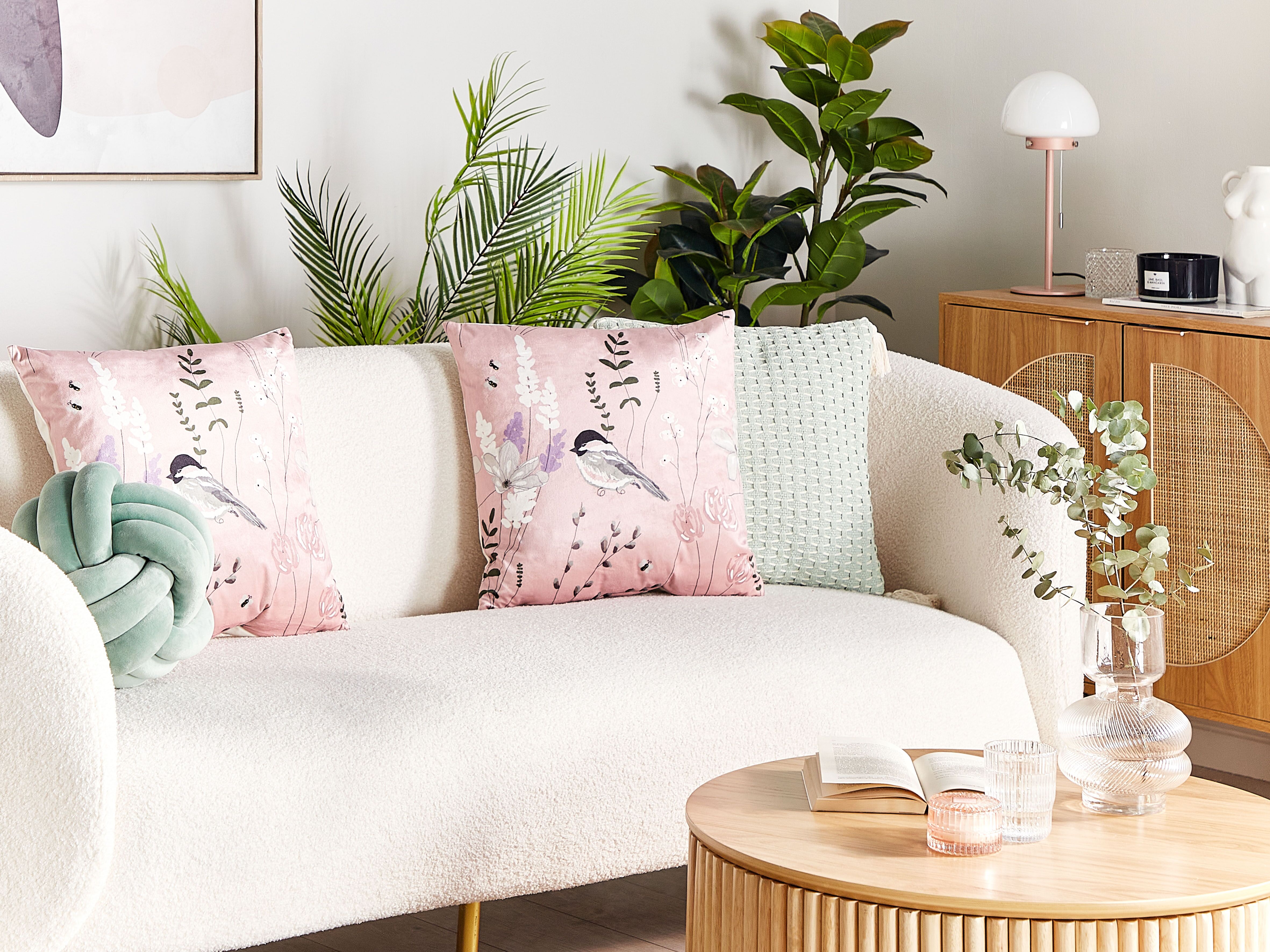 Set of 2 Decorative Cushions CYCLAMEN Velvet 45 x 45 cm Pastel Pink Floral Pattern
