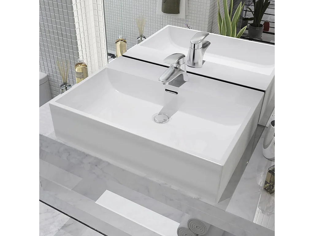 Lavabo salle de bain-Vasque avec trou de robinet en céramique Blanc 60,5x42,5x14,5cm