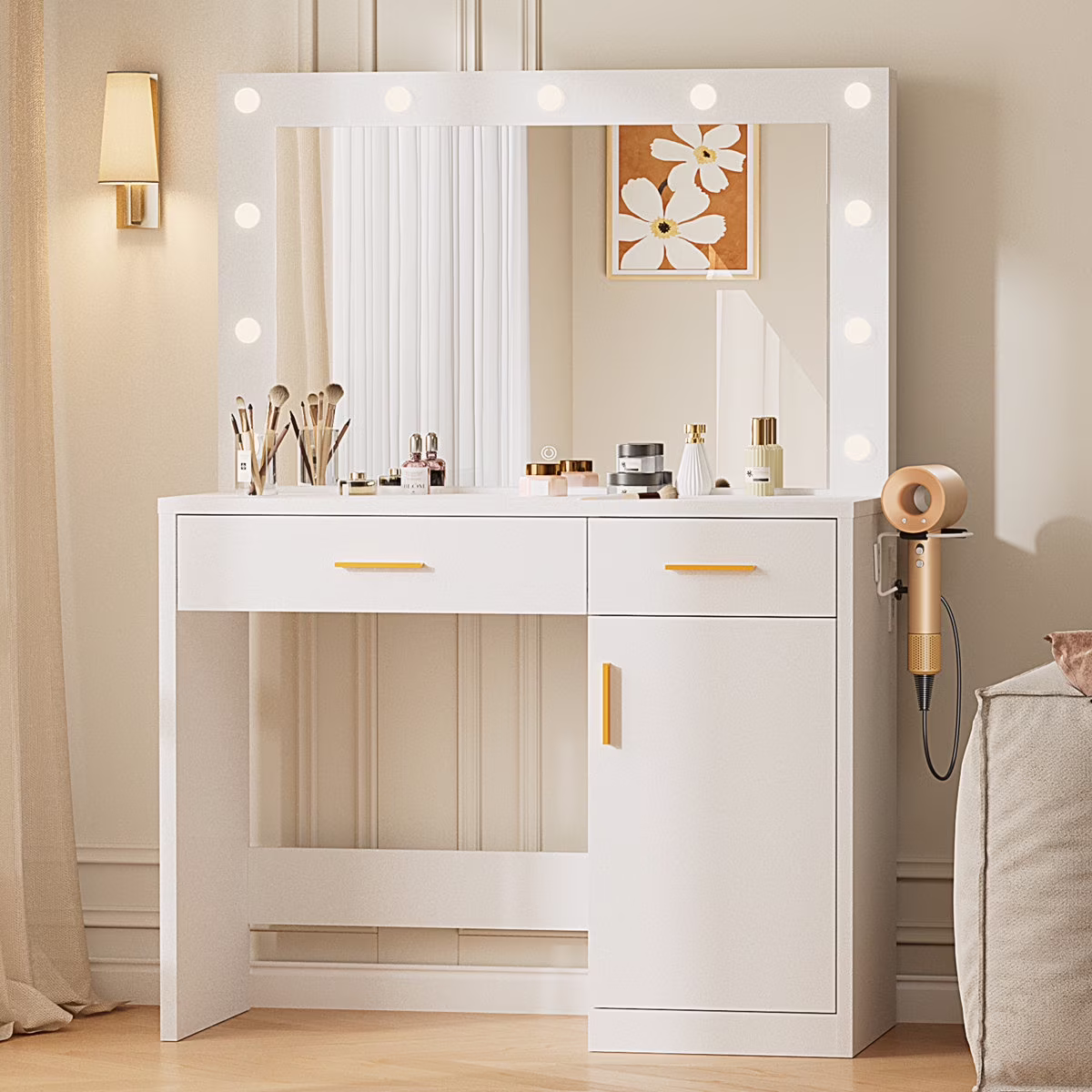 Blorly White Vanity Desk with Mirror, Makeup Vanity Table with LED Lights and Power Outlet, 3 Drawer, 4 Shelves, 1 Cabinet - Image 5