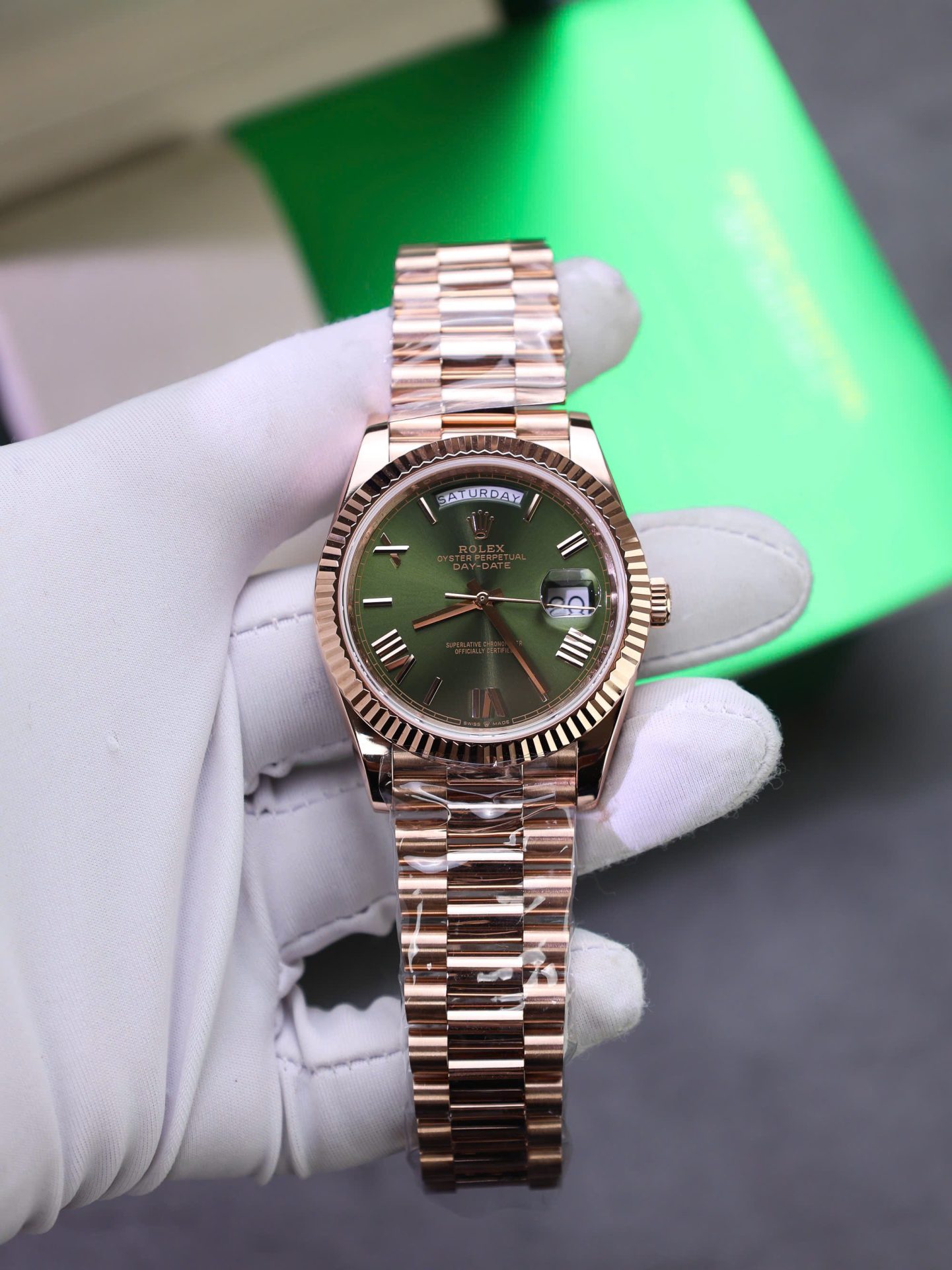 Rolex Day-Date Green Dial Replica Watch Gold Wrapped Weight 186Gram QF 40mm - Elite Watch Atelier