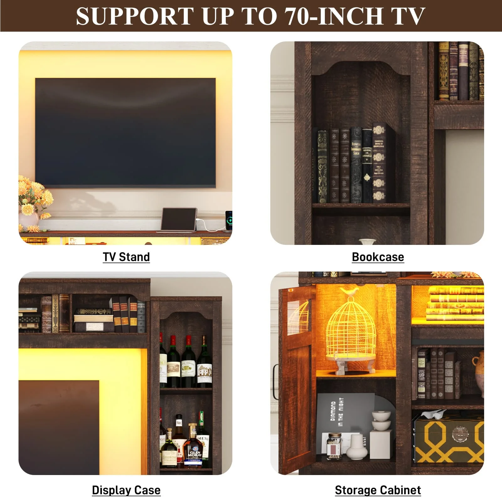 Farmhouse Wall Unit TV Stand with Storage for TVs up to 75", Large Entertainment Center with Bookshelves, LED Light & Power Outlet for Living Room - Image 14