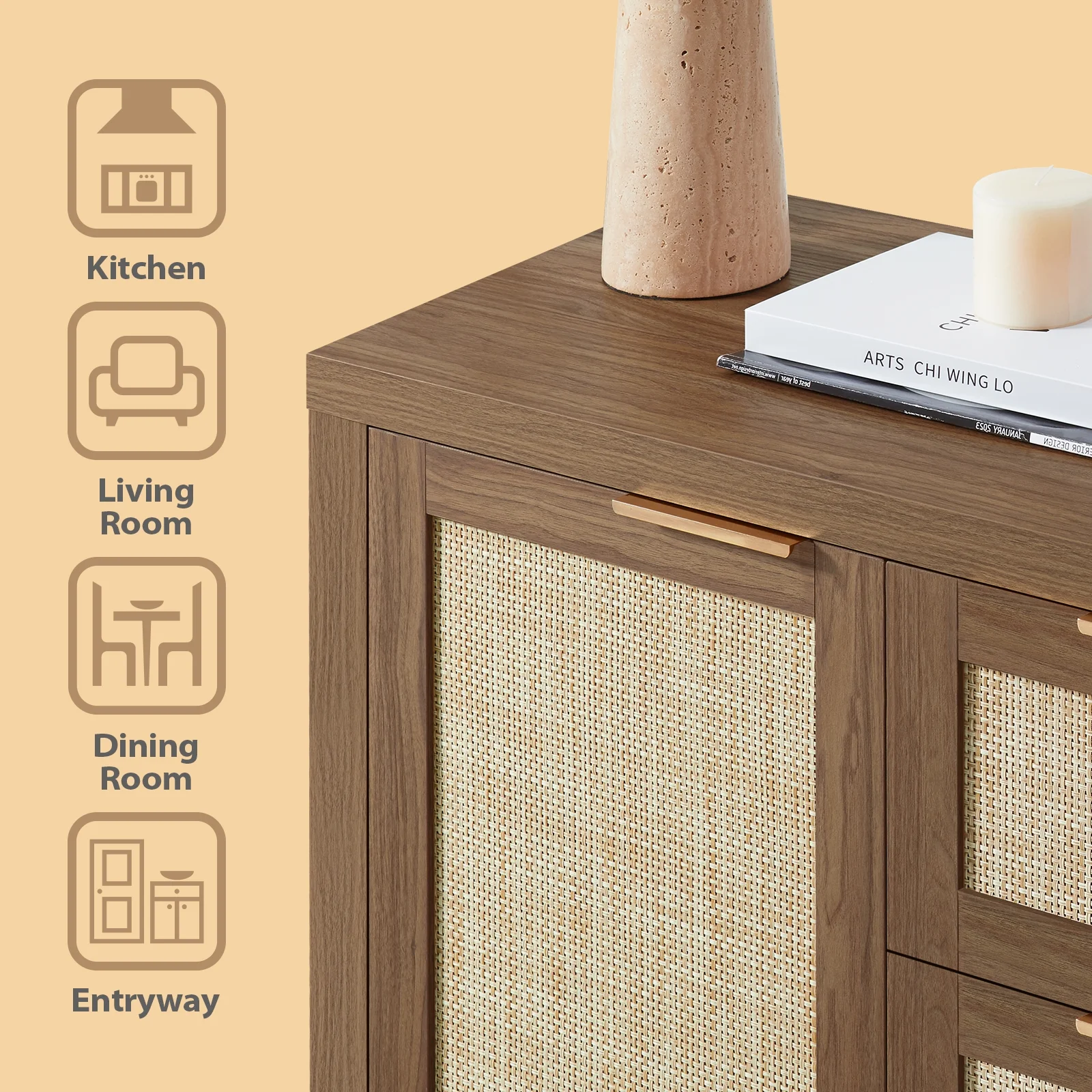 ARKANTOS Sideboards and Buffets, Boho Storage Cabinets with Rattan Doors and Drawers, Natural Oak - Image 16
