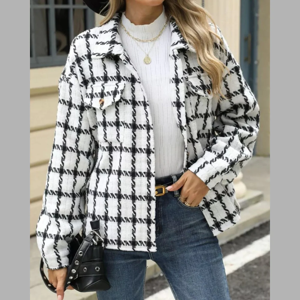 Plaid Button Up Long Sleeve Jacket - ZKZOOK