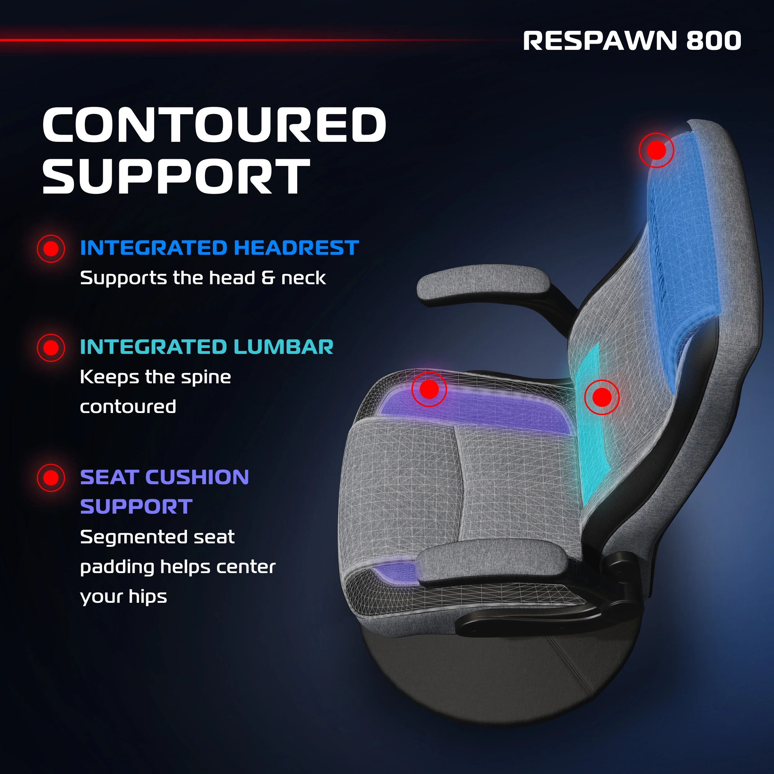 RESPAWN 800 Swivel Rocker Gaming Chair - Ergonomic Floor Gaming Seat with Lumbar Support, Flip Up Armrest, High Back, Pedestal Base, Comfortable No Wheels Console Video Game Rocker Chair - Red - Image 48