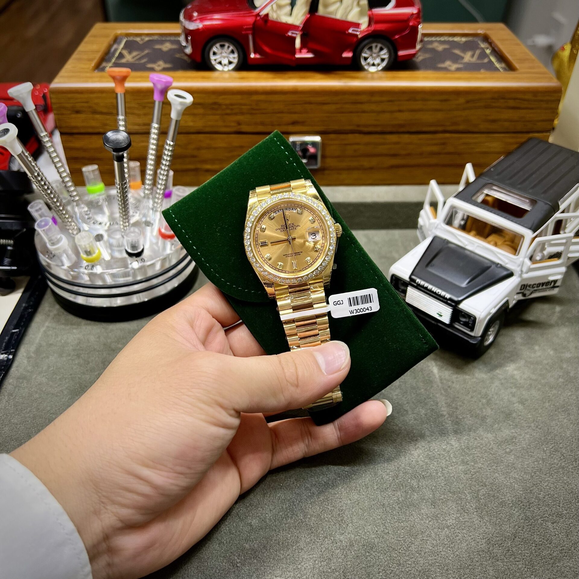 Rolex Fake Watch Day-Date Yellow Dial Custom Moissanite Diamonds 40mm - Elite Watch Atelier