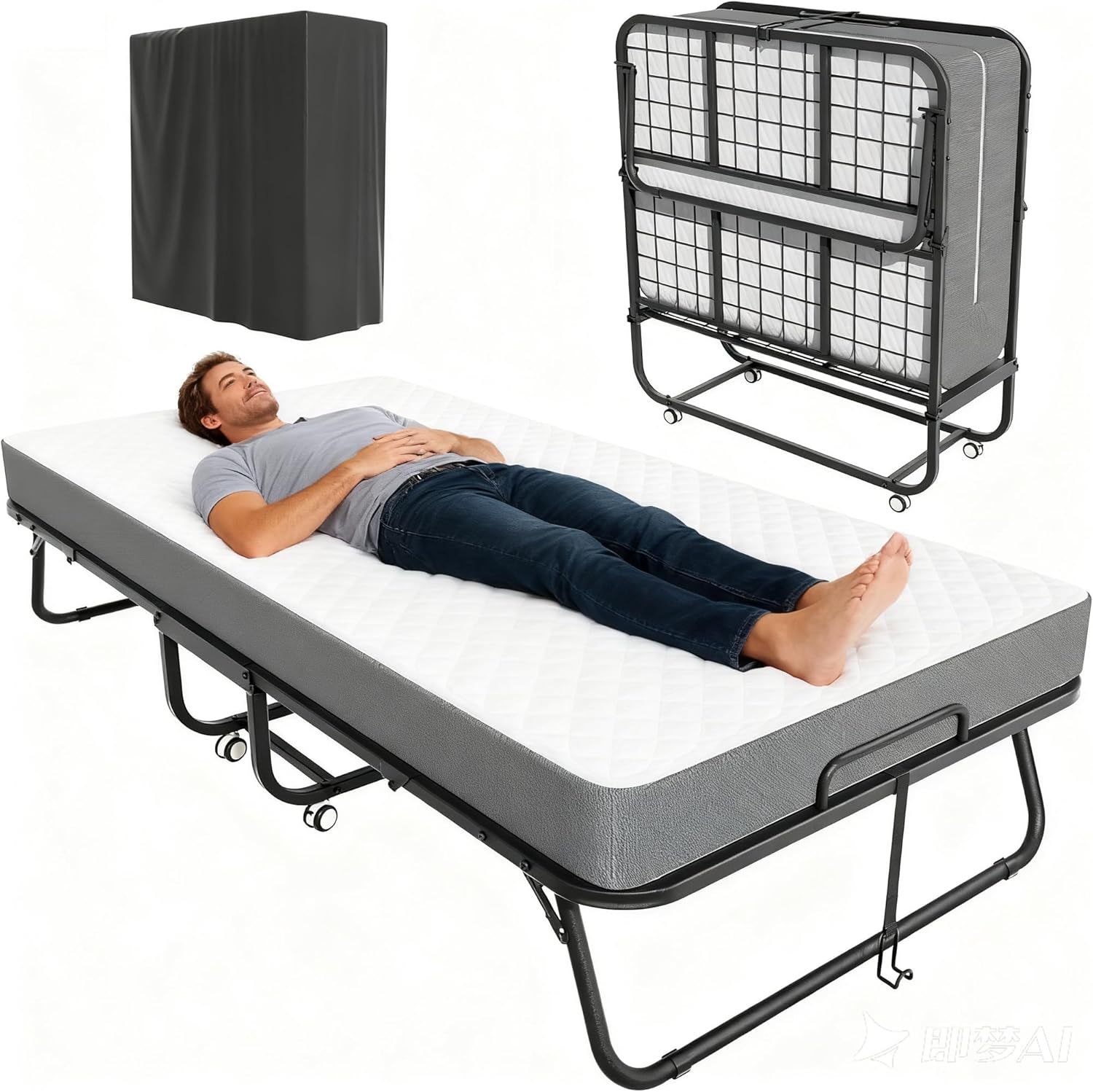 Pataku Folding Bed with Mattress, Twin Foldable Bed, Roll Away Beds for Adults, 75