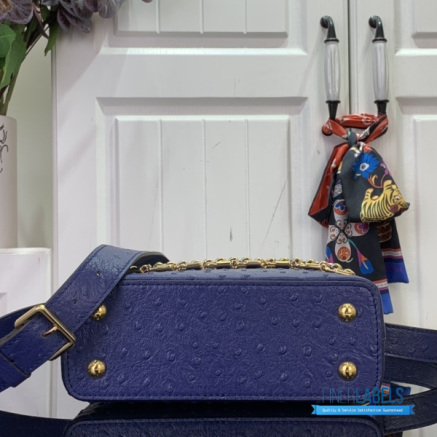 Royal Blue Ostrich Leather Mini Handbag with Pearl Chain Detail1:1High-quality replica