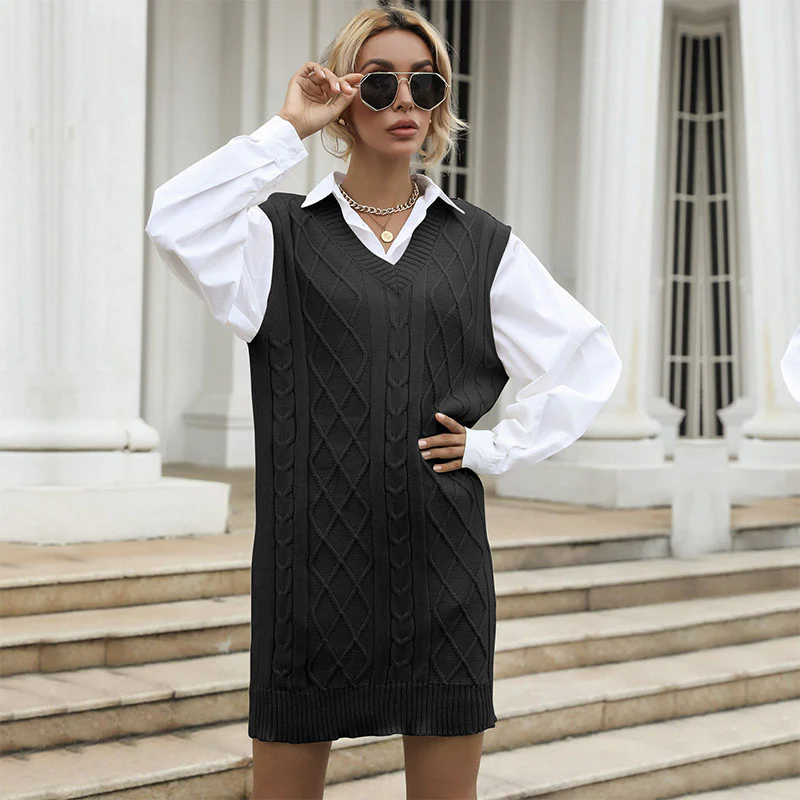 Early Autumn Long Solid Color V neck Vest Type Vest Knitted Sweater Dress Women - AZJHJ