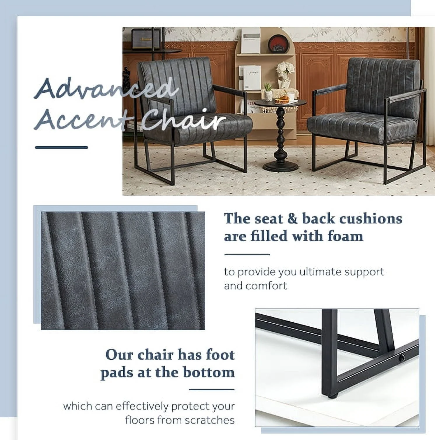 AUSTUFF Leather Accent Chairs Set of 2 with Metal Frame, Gray