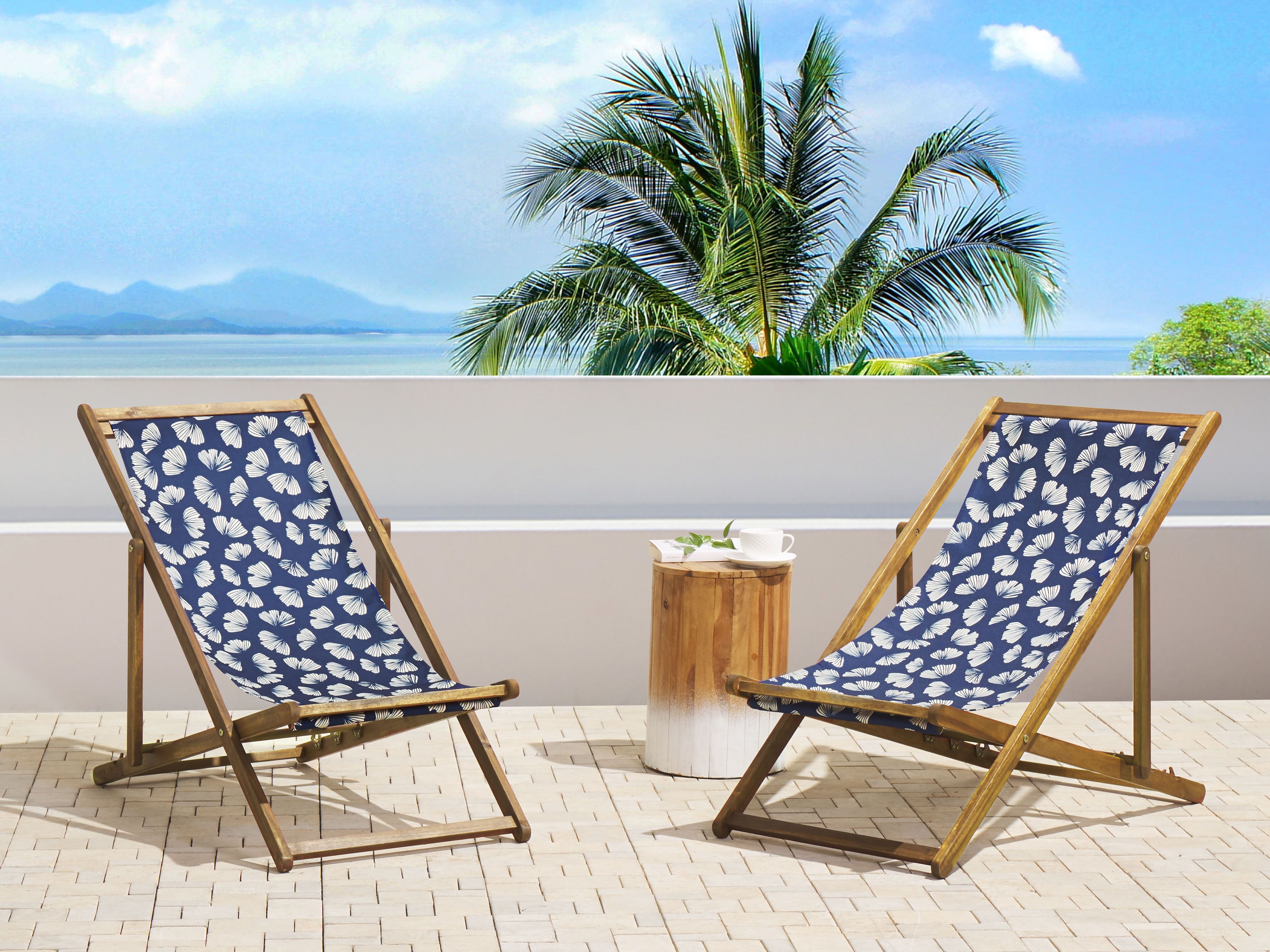 Set of 2 Folding Deck Chairs ANZIO with Replacement Fabrics Floral Motif Acacia Wood Light Brown