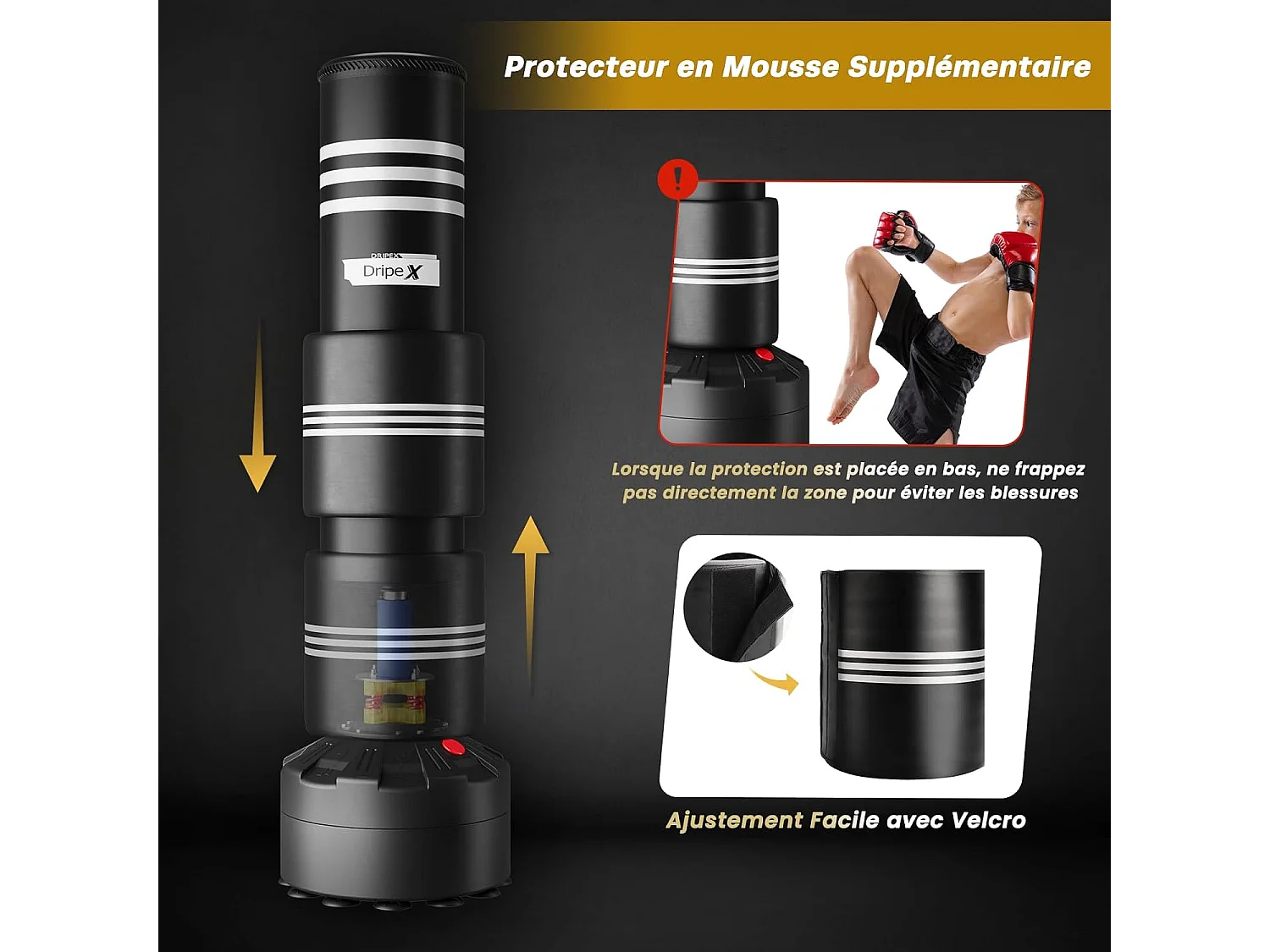 Dripex Sac de Frappe Adulte sur Pied avec Mousse Protecteur Sac de Boxe Autoportant 175 cm Punching Ball Adulte pour MMA Karat Fit