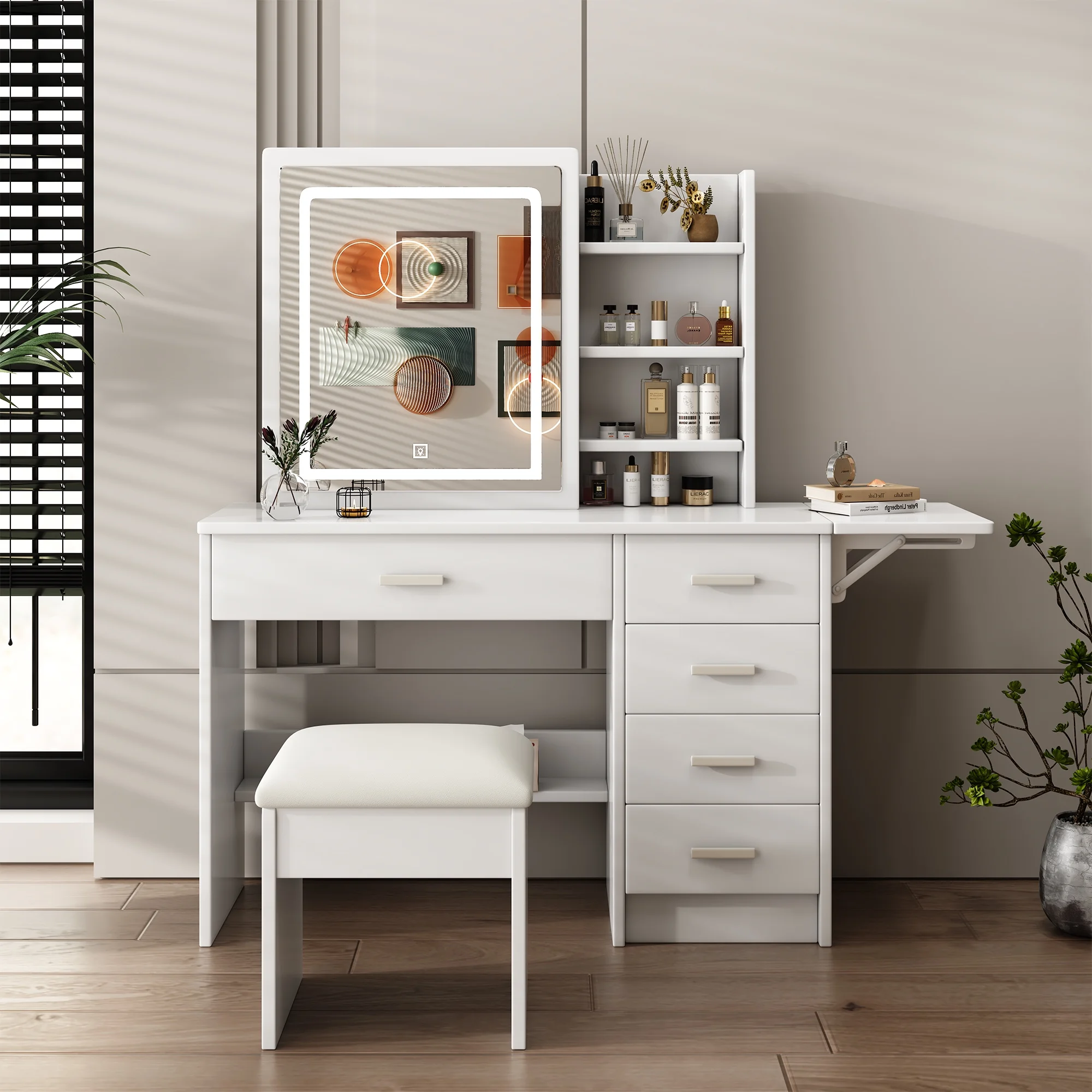 Montary Modern Mini Vanity w/Adjustable LED Mirror + Hidden Storage, Padded Stool & Dustproof Shelves (White) - Image 62