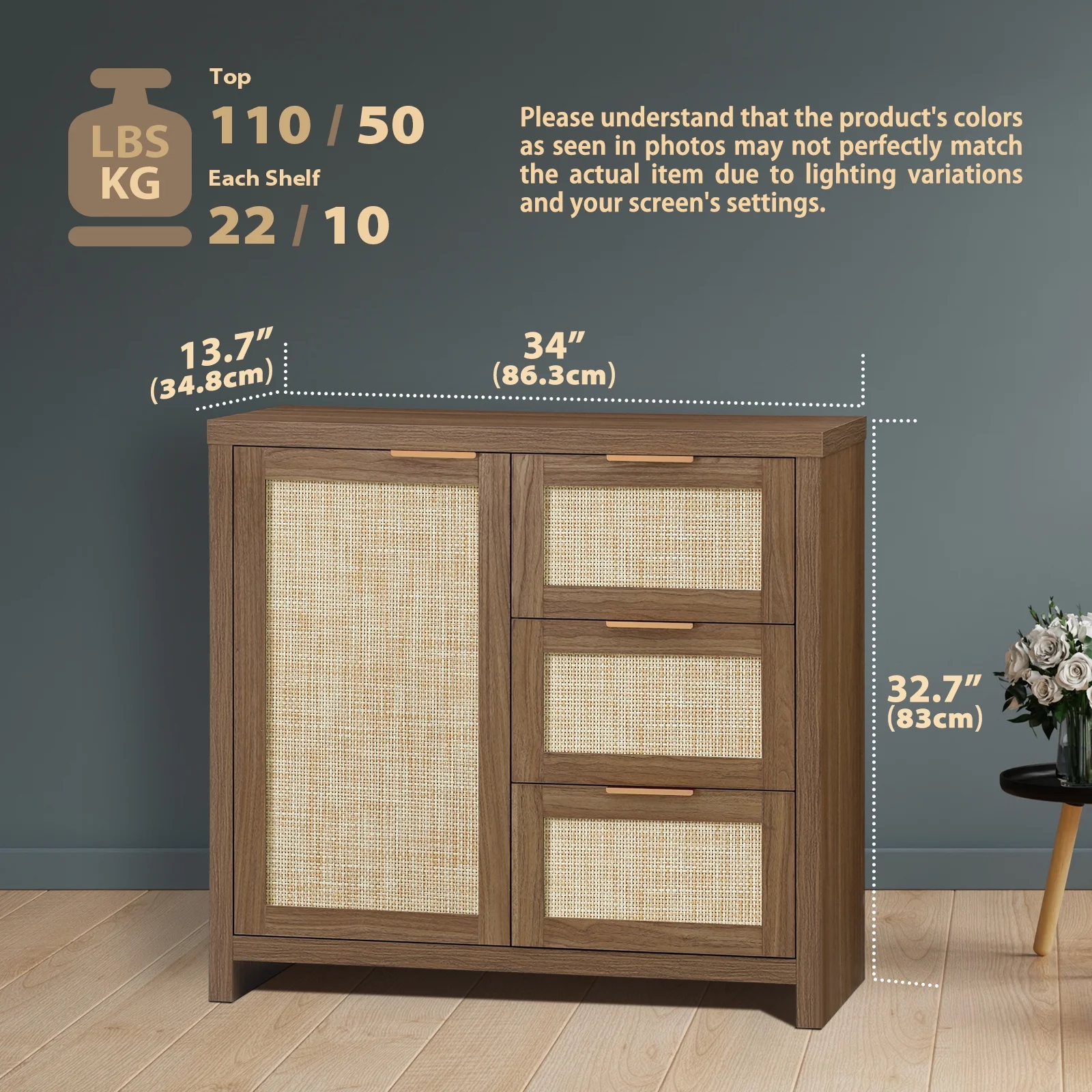 ARKANTOS Sideboards and Buffets, Boho Storage Cabinets with Rattan Doors and Drawers, Natural Oak - Image 15
