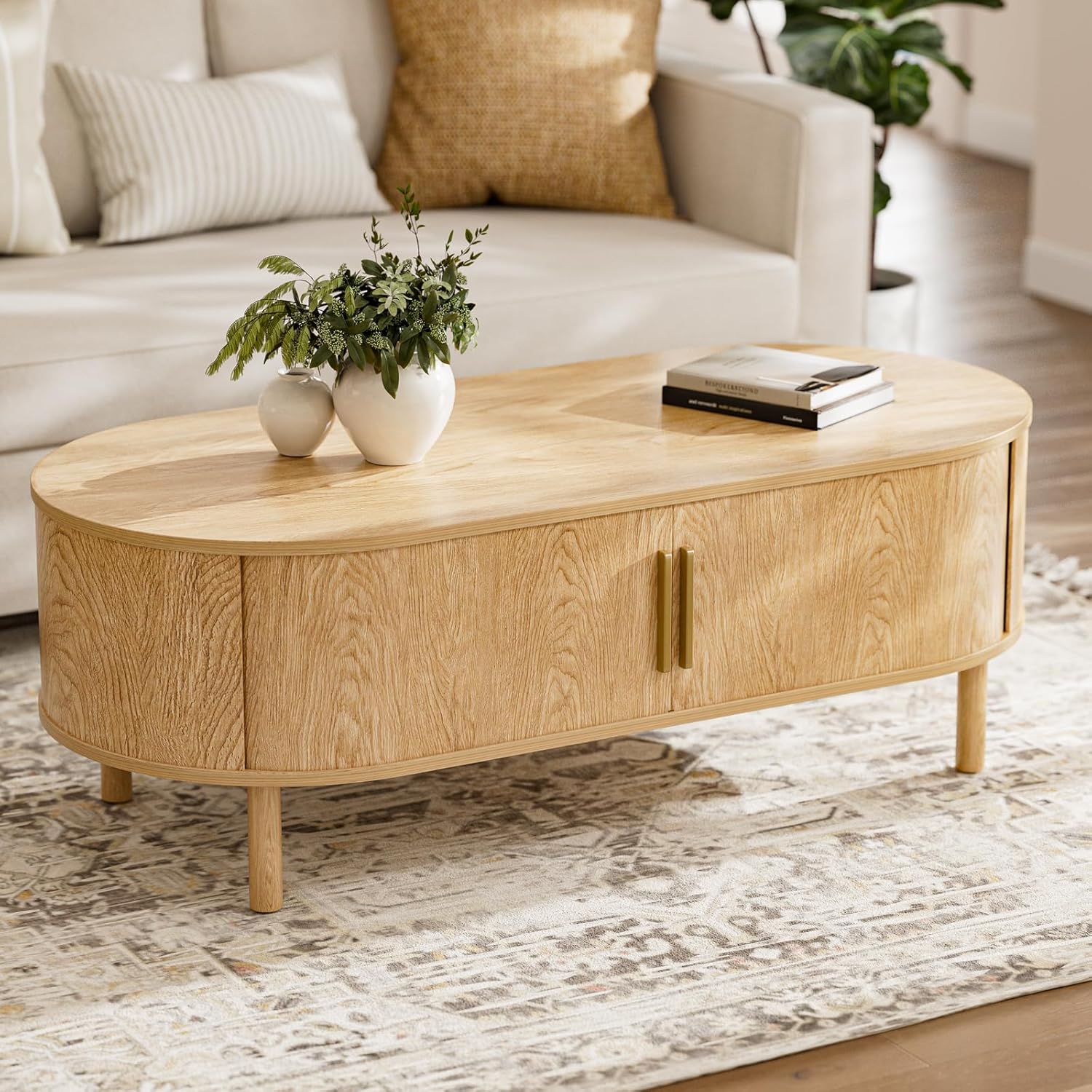 ZttRiee Coffee Table for Living Room, Modern Oval Coffee Table with Cabinets & Sliding Doors, Home Small Space, 47.2