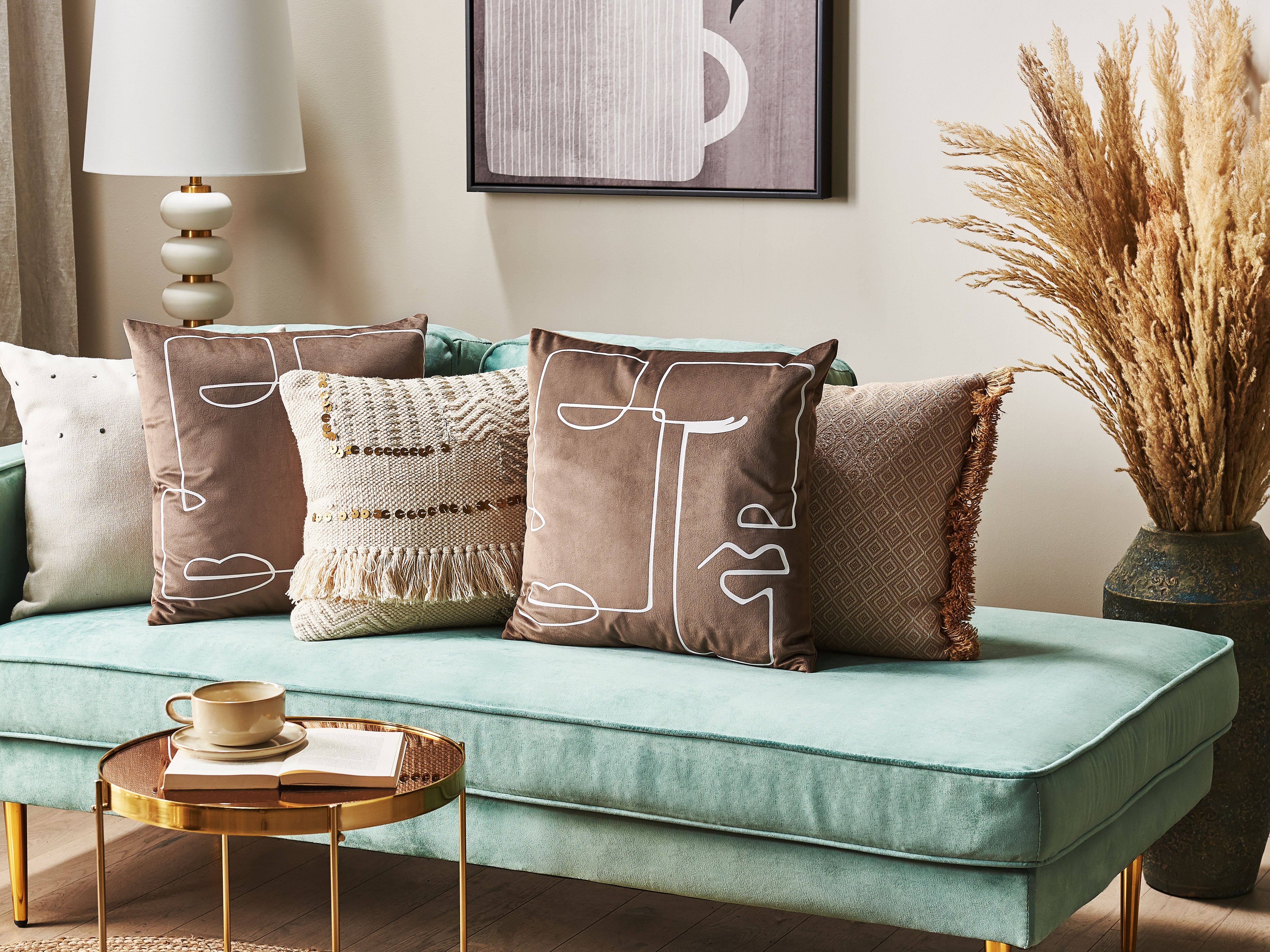 Set of 2 Decorative Cushions PHILODENDRON Velvet 45 x 45 cm Brown Abstract Pattern