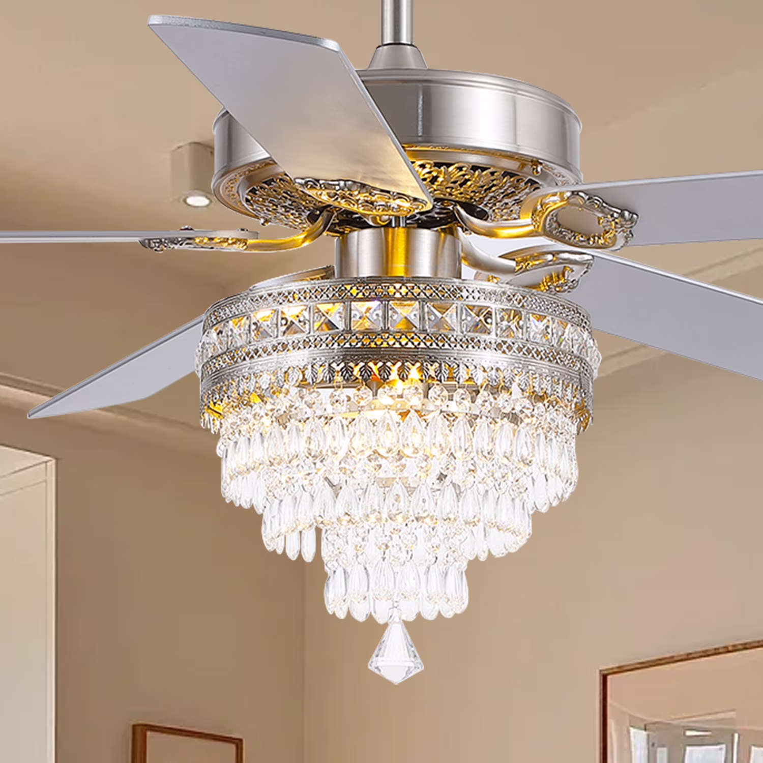 YIOSI 52" Crystal Ceiling Fan Fandelier with Remote Control, Modern Chrome Chandelier Ceiling Fan, Whisper-Quiet Motor, Reversible Blades, LED Lighting, Energy-Efficient, Elegant Living Room Fan