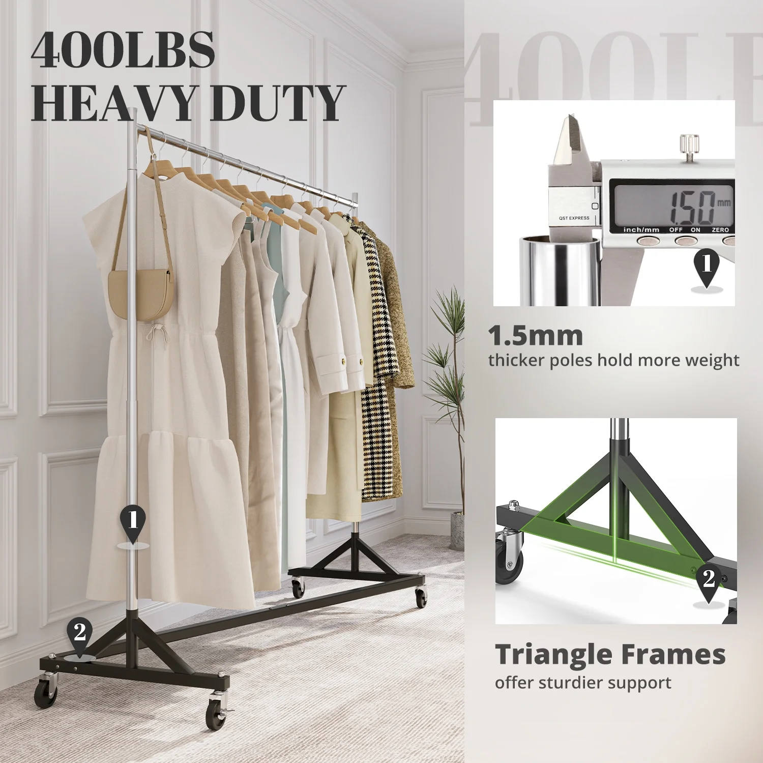 HOKEEPER 400LBS Commercial Z Base Garment Rack Heavy Duty Clothing Rack Height Adjustable Rolling Clothes Rack for Hanging Clothes Racks on Wheels Portable Z Rack Chrome Finish - Image 5