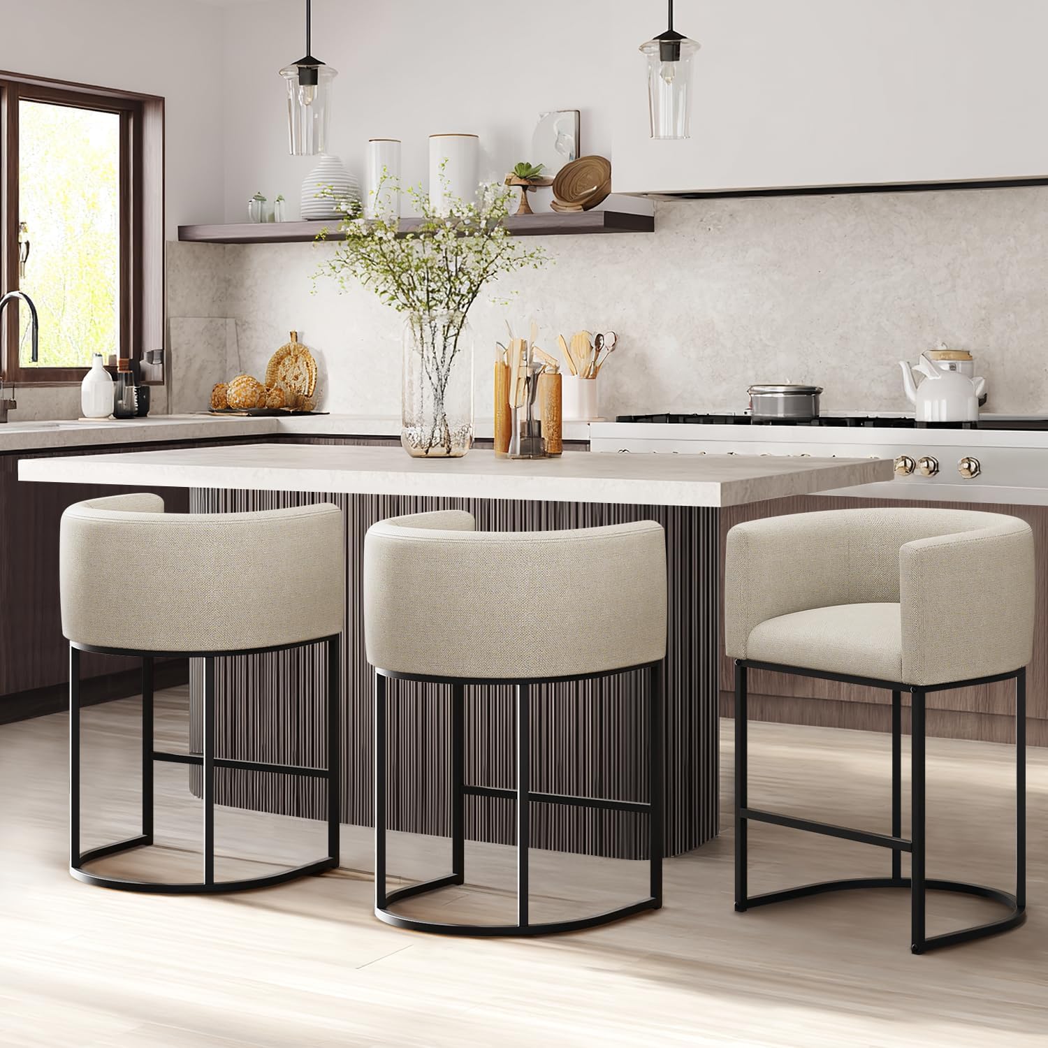 Counter Height Bar Stools Set of 3, 24 Inch Seat Height Barstools for Dining Room, Fabric Upholstered Bar Chair for Kitchen Island, Linen Counter Stools with Metal Legs, Beige