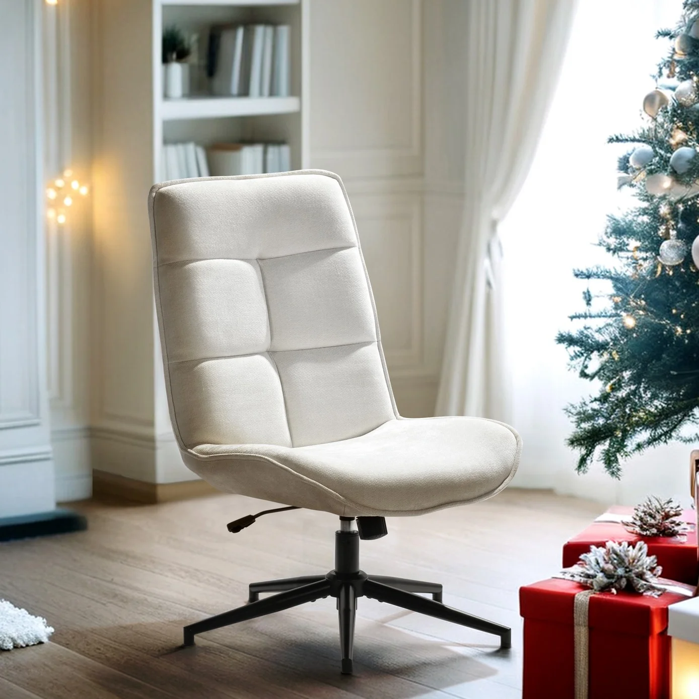 Homy Casa Swivel Office Chair, Adjustable Height Upholstery Comfortable Luxury Task Chair High Back Wide Seat Sturdy Metal Base for Home Workspaces, Cream Beige