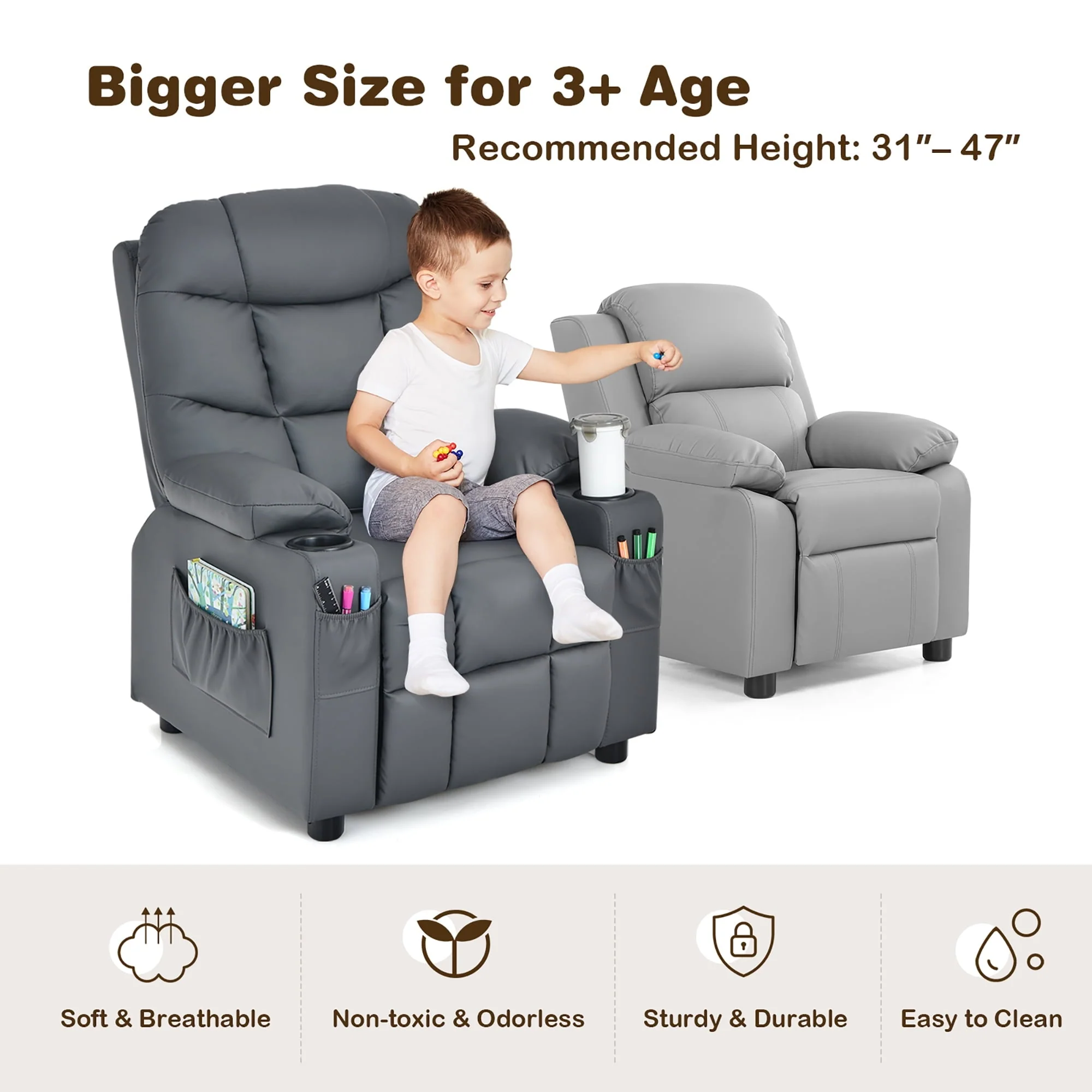 Costway Kids Youth Recliner Chair PU Leather w/Cup Holders & Side Pockets Grey - Image 13