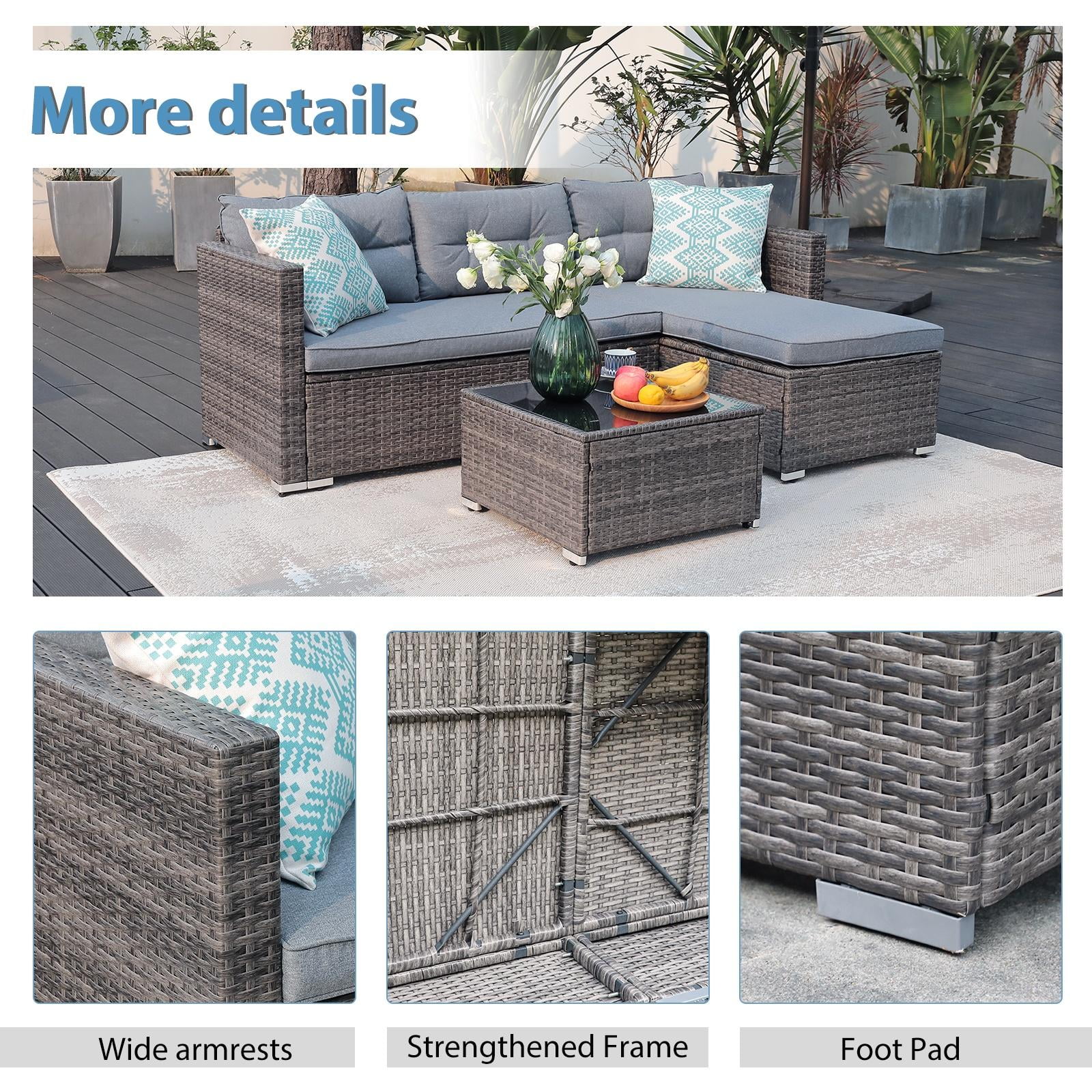 JOIVI 3 Pieces Patio Conversation Set, PE Wicker Rattan Outdoor Furniture Set, 2 Ways Small Sectional Sofa, Tempered Glass Coffee Table, Silver-Gray - Image 11