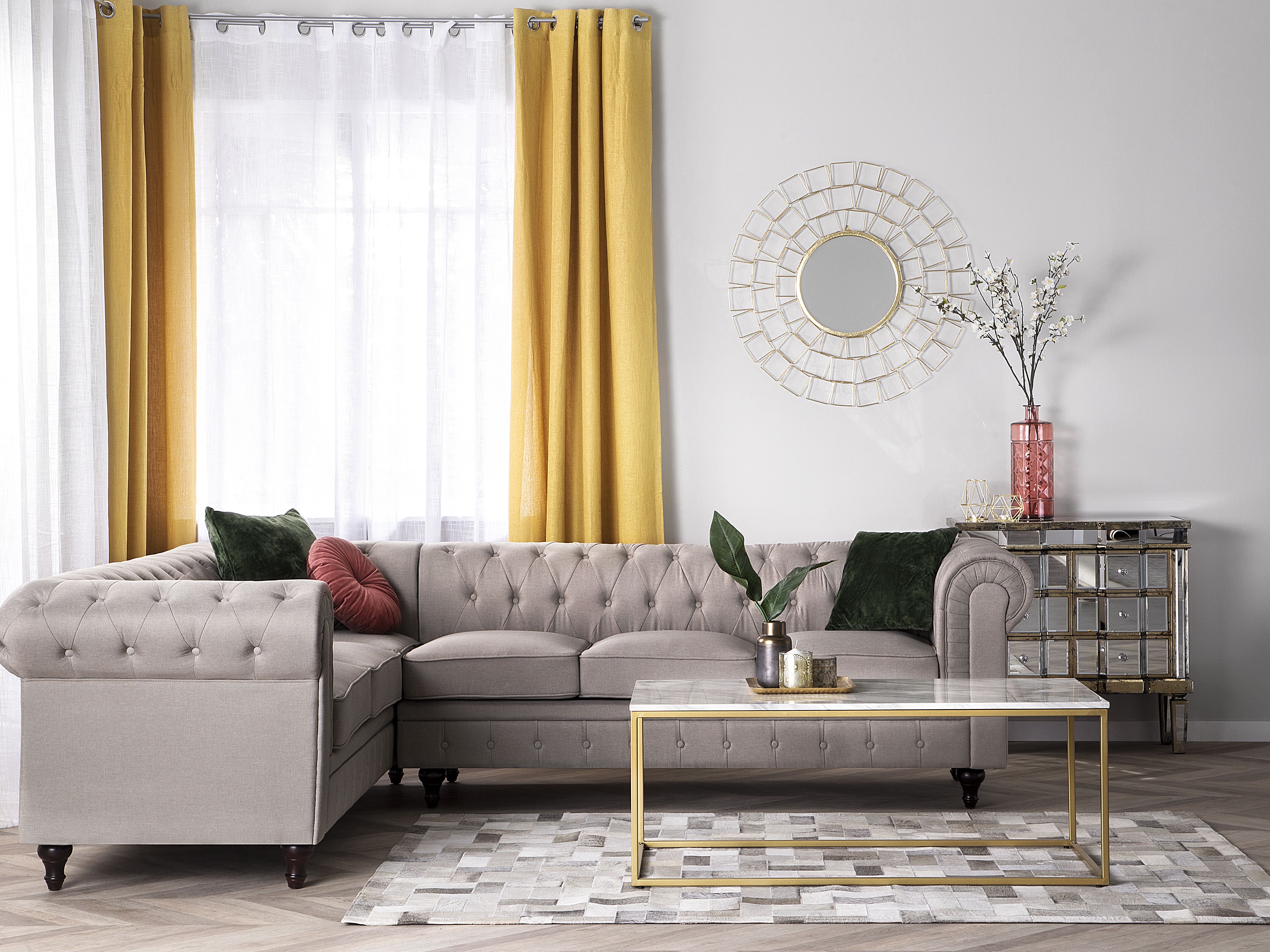 Corner Sofa 6 Seater CHESTERFIELD Fabric Beige Right Hand