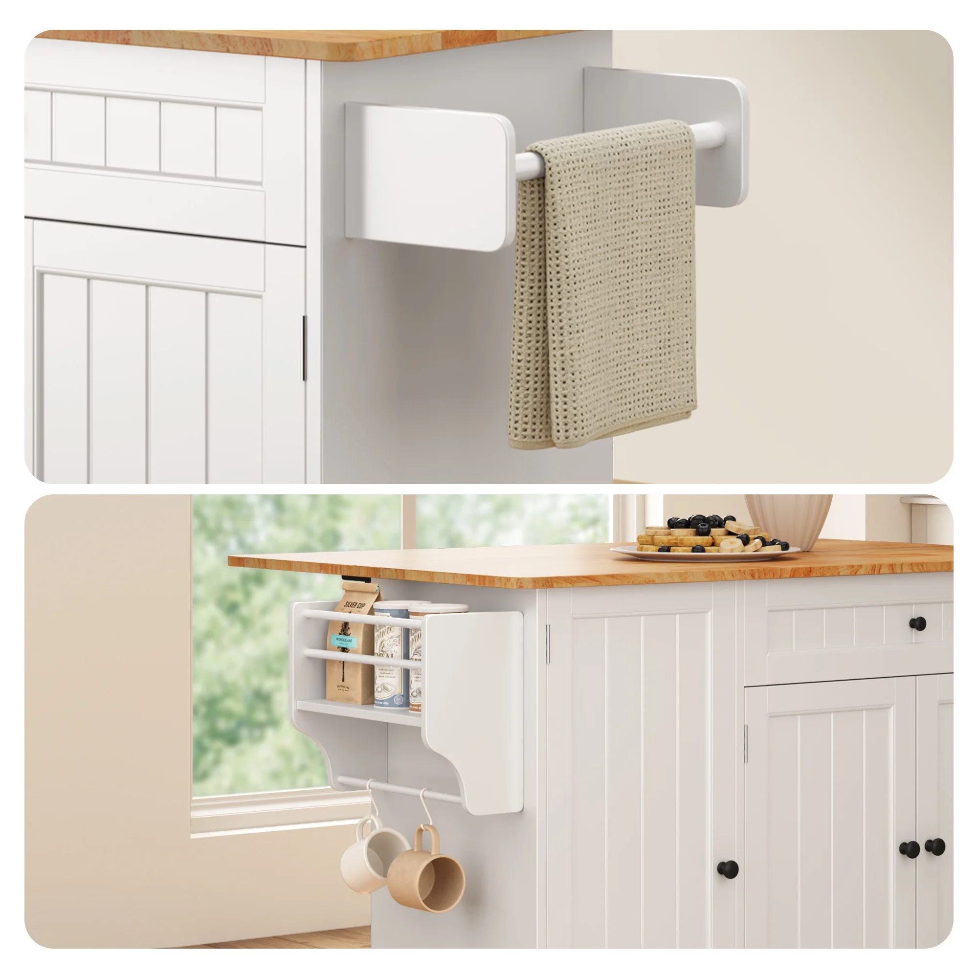Noelse Kitchen Island with Storage, Island Table for Kitchen with Drop Leaf, Spice Rack, Towel Bar for Small Kitchens, White - Image 8