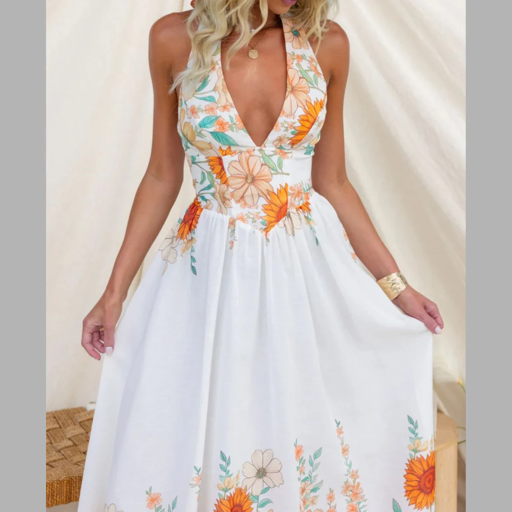 Classy Floral Print Halter Neck Maxi Dress - ZKZOOK