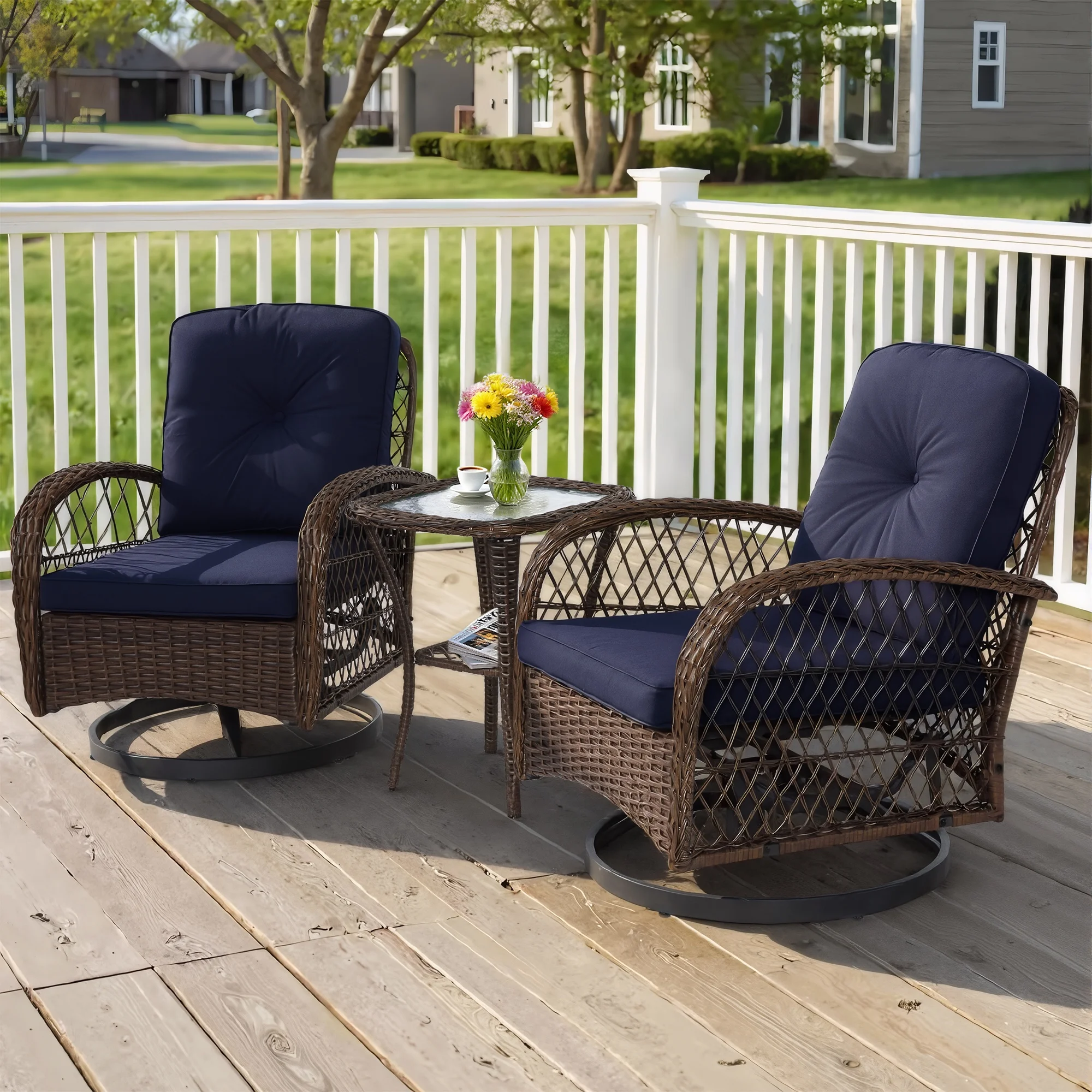 3 Piece Patio Swivel Rocker Chairs Set, 2 360-Degree Swivel Rocking Chairs with 1 Glass Top Table, PE Rattan Outdoor Bistro Set with Cushions for Balcony Deck Poolside Backyard Porch - Image 12