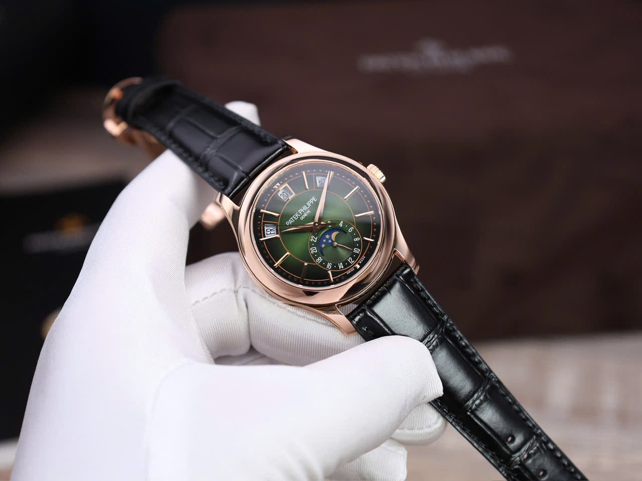 Patek Philippe Replica Watch Complications 5205R Green Dial Gold Wrapped 40mm - Elite Watch Atelier